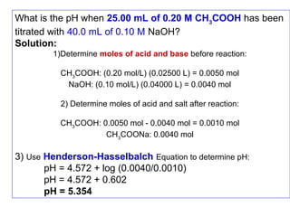 What is the pH when 25.00 mL of 0.20 M CH3COOH has been
titrated with 40.0 mL of 0.10 M NaOH?
Solution:
1)Determine moles of acid and base before reaction:
CH3COOH: (0.20 mol/L) (0.02500 L) = 0.0050 mol
NaOH: (0.10 mol/L) (0.04000 L) = 0.0040 mol
2) Determine moles of acid and salt after reaction:
CH3COOH: 0.0050 mol - 0.0040 mol = 0.0010 mol
CH3COONa: 0.0040 mol

3) Use Henderson-Hasselbalch Equation to determine pH:
pH = 4.572 + log (0.0040/0.0010)
pH = 4.572 + 0.602
pH = 5.354

 