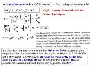 At equivalent point only NH4Cl is present, but NH4+ undergoes hydrolysis(h)
NH4+ + H2O ⇋NH4OH + H+
K

h

=

H +











C

H +


 X 


 NH + 
H +
4 








[ NH 4 OH ] H + 


2

=

=

K

w
K
b

NH4Cl : a weak Bronsted acid will
follow hydrolysis

Kw
∴H +  = K w .C / K b


K


b

1
1
1
pH = pK w − pK b − log C
2
2
2

It is clear from the titration curve neither PhPh nor ThPh i.e., the alkaline
range indicator can be used to detect the e.p in the titration of 0.1N NH 4OH
agt a strong acid. Indicators with pH range on the slightly acidic side
such as M.O, M.R or BCG etc can be used for the purpose. BCG is
suitable for titration of all weak bases with Kb greater than10-6 .

 