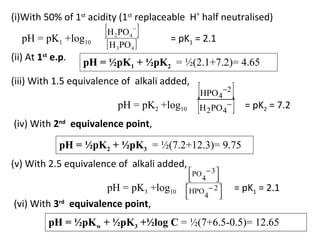 (i)With 50% of 1st acidity (1st replaceable H+ half neutralised)

[H PO ]
−

pH = pK1 +log10
(ii) At 1st e.p.

2

4

[ H 3PO 4 ]

= pK1 = 2.1

pH = ½pK1 + ½pK2 = ½(2.1+7.2)= 4.65

(iii) With 1.5 equivalence of alkali added,
pH = pK2 +log10

[HPO ]
[H PO ]
4

2

−2
4

−

= pK2 = 7.2

(iv) With 2nd equivalence point,
pH = ½pK2 + ½pK3 = ½(7.2+12.3)= 9.75
(v) With 2.5 equivalence of alkali added,
pH = pK3 +log10
(vi) With 3rd equivalence point,

PO − 3 
 4 


HPO − 2 

4 



= pK1 = 2.1

pH = ½pKw + ½pK3 +½log C = ½(7+6.5-0.5)= 12.65

 