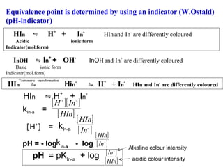 Equivalence point is determined by using an indicator (W.Ostald)
(pH-indicator)
HIn ⇋

H+ +

Acidic
Indicator(mol.form)

InOH

In-

HIn and In- are differently coloured

ionic form

⇋ In+ + OH-

InOH and In+ are differently coloured

Basic
ionic form
Indicator(mol.form)

⇋

Tautomeric transformation

HIn

Hin*

⇋ H+ + In-

HIn and In- are differently coloured

HIn ⇋ H+ + In[ H ][ In ]
kIn-a =
+

[ HIn]

[H ]
+

= kIn-a

pH = - logkIn-a

−

[ HIn]
[ In ] [ HIn]
−

- log [ In ]
−

pH = pKIn-a + log [ In ]
−

[ HIn]

Alkaline colour intensity
acidic colour intensity

 
