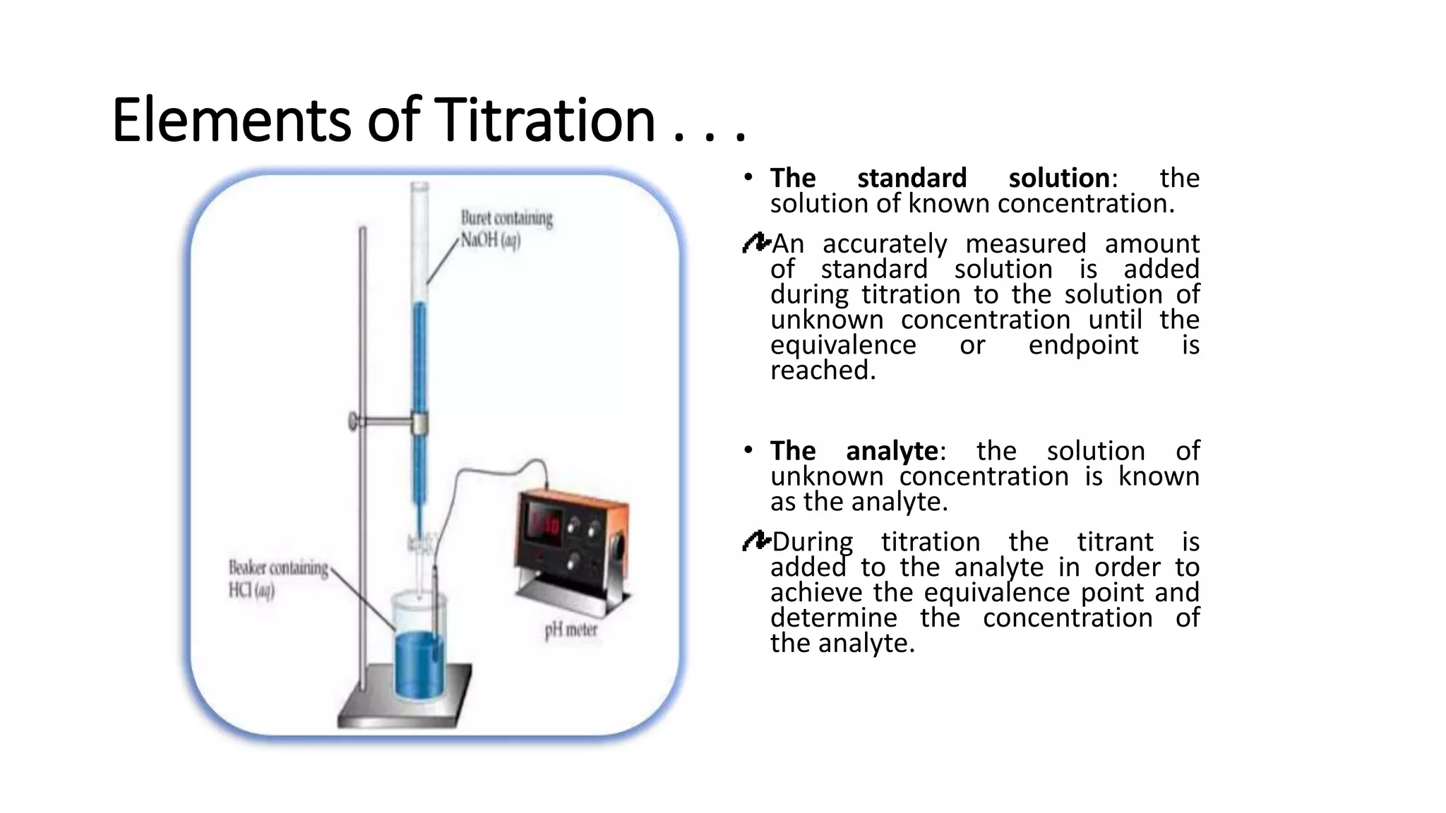 Elements of Titration . . .
• The standard solution: the
solution of known concentration.
An accurately measured amount
of standard solution is added
during titration to the solution of
unknown concentration until the
equivalence or endpoint is
reached.
• The analyte: the solution of
unknown concentration is known
as the analyte.
During titration the titrant is
added to the analyte in order to
achieve the equivalence point and
determine the concentration of
the analyte.
 