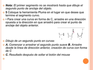    Nota: El primer segmento no se mostrará hasta que dibuje el
    segundo punto de anclaje del objeto.
   5 Coloque la herramienta Pluma en el lugar en que desee que
    termine el segmento curvo.
   • Para crear una curva en forma de C, arrastre en una dirección
    opuesta a la dirección en que arrastró para crear el punto de
    anclaje del objeto anterior.




   Dibujo de un segundo punto en curvas
   A. Comenzar a arrastrar el segundo punto suave B. Arrastre
    desde la línea de dirección anterior, creación de curva con forma
    de C
   C. Resultado después de soltar el botón del mouse

 