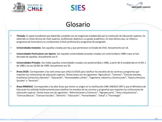 Glosario
•   Titulado. Es aquel estudiante que habiendo cumplido con las exigencias establecidas por la institución de educación superior, ha
    obtenido un título técnico de nivel superior, profesional, diploma o un grado académico. En este último caso, se refiere a
    programas de licenciatura no conducentes a título profesional y programas de postgrado.

•   Universidades Estatales. Son aquellas creadas por ley y que pertenecen al Estado de Chile. Actualmente son 16.

•   Universidades Particulares con Aporte. Son aquellas universidades privadas creadas con anterioridad a 1980 o que se han
    derivado de aquellas. Actualmente son 9.

•   Universidades Privadas. Son todas aquellas universidades creadas con posterioridad a 1980, a partir de lo establecido en el DFL 1
    de 1980 o la Ley 18.962 de 1990. Actualmente son 35.

•   Áreas OCDE: Corresponden a las ocho áreas que utiliza la OCDE para clasificar los estudios de las carreras y programas que
    imparten las instituciones de educación superior. Dichas áreas son las siguientes:“Agricultura”, “Ciencias”, “Ciencias Sociales,
    Enseñanza Comercial y Derecho”, “Educación”, “Humanidades y Artes”, “Ingeniería, Industria y Construcción”, “Salud y Servicios
    Sociales” y “Servicios”.

•   Áreas MINEDUC. Corresponden a las diez áreas que tienen su origen en la clasificación CINE-UNESCO 1997 y que el Ministerio de
    Educación ha utilizado históricamente para clasificar los estudios de las carreras y programas que imparten las instituciones de
    educación superior. Dichas áreas son las siguientes: “Administración y Comercio”, “Agropecuaria”, “Arte y Arquitectura”,
    “Ciencias Básicas”, “Ciencias Sociales”, “Derecho”, “Educación”, “Humanidades”, “Salud” y “Tecnología”.




                                                                                                                                        40
 