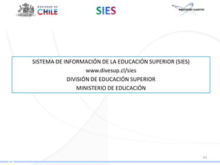 SISTEMA DE INFORMACIÓN DE LA EDUCACIÓN SUPERIOR (SIES)
                   www.divesup.cl/sies
            DIVISIÓN DE EDUCACIÓN SUPERIOR
                MINISTERIO DE EDUCACIÓN




                                                         43
 