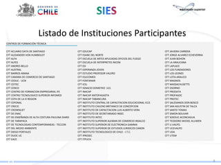 Listado de Instituciones Participantes
CENTROS DE FORMACIÓN TÉCNICA

CFT ACUARIO DATA DE SANTIAGO                     CFT EDUCAP                                               CFT JAVIERA CARRERA
CFT ALEXANDER VON HUMBOLDT                       CFT ESANE DEL NORTE                                      CFT JORGE ALVAREZ ECHEVERRIA
CFT ALFA                                         CFT ESCUELA DE ARTES APLICADAS OFICIOS DEL FUEGO         CFT JUAN BOHON
CFT ALPES                                        CFT ESCUELA DE INTERPRETES INCENI                        CFT LA ARAUCANA
CFT ANDRES BELLO                                 CFT ESI                                                  CFT LAPLACE
CFT AUSTRAL                                      CFT ESPERANZA JOVEN                                      CFT LOS FUNDADORES
CFT BARROS ARANA                                 CFT ESTUDIO PROFESOR VALERO                              CFT LOS LEONES
CFT CAMARA DE COMERCIO DE SANTIAGO               CFT ESUCOMEX                                             CFT LOTA-ARAUCO
CFT CEDUC - UCN                                  CFT FONTANAR                                             CFT MAGNOS
CFT CEITEC                                       CFT ICEL                                                 CFT MASSACHUSETTS
CFT CENCO                                        CFT IGNACIO DOMEYKO ULS                                  CFT OSORNO
CFT CENTRO DE FORMACION EMPRESARIAL IFE          CFT INACAP                                               CFT PRODATA
CFT CENTRO TECNOLOGICO SUPERIOR INFOMED          CFT INACAP ANTOFAGASTA                                   CFT PROFASOC
CFT CEPA DE LA III REGION                        CFT INACAP TABANCURA                                     CFT PROTEC
CFT CEPONAL                                      CFT INSTITUTO CENTRAL DE CAPACITACION EDUCACIONAL ICCE   CFT SALESIANOS DON BOSCO
CFT CRECIC                                       CFT INSTITUTO CHILENO BRITANICO DE CONCEPCION            CFT SAN AGUSTIN DE TALCA
CFT CROWNLIET                                    CFT INSTITUTO DE CAPACITACION LUIS ALBERTO VERA          CFT SANTO TOMAS
CFT DE ENAC                                      CFT INSTITUTO DE SECRETARIADO INSEC                      CFT SIMON BOLIVAR
CFT DE ENSEÑANZA DE ALTA COSTURA PAULINA DIARD   CFT INSTITUTO INTEC                                      CFT SOEDUC ACONCAGUA
CFT DE TARAPACA                                  CFT INSTITUTO SUPERIOR ALEMAN DE COMERCIO INSALCO        CFT TEODORO WICKEL KLUWEN
CFT DE TECNOLOGIAS CONTEMPORANEAS - TECCON       CFT INSTITUTO SUPERIOR DE ELECTRONICA GAMMA              CFT U.VALPO.
CFT DEL MEDIO AMBIENTE                           CFT INSTITUTO SUPERIOR DE ESTUDIOS JURIDICOS CANON       CFT UCEVALPO
CFT DIEGO PORTALES                               CFT INSTITUTO TECNOLOGICO DE CHILE - I.T.C.              CFT UDA
CFT DUOC UC                                      CFT IPROSEC                                              CFT UTEM
CFT EACE                                         CFT ITPUCH




                                                                                                                                         6
 