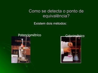 Como se detecta o ponto de equivalência? Existem dois métodos: Potenciométrico Colorimétrico 