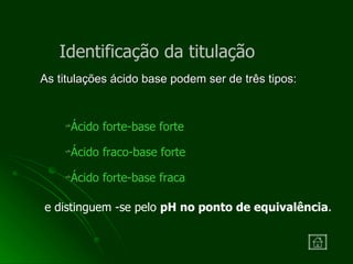 As titulações ácido base podem ser de três tipos: Identificação da titulação Ácido forte-base forte Ácido fraco-base forte Ácido forte-base fraca e distinguem -se pelo  pH no ponto de equivalência . 