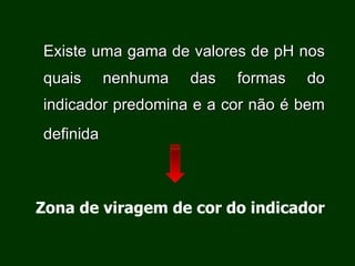 Existe uma gama de valores de pH nos quais nenhuma das formas do indicador predomina e a cor não é bem definida   Zona de viragem de cor do indicador 