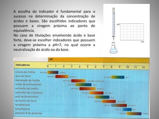 A escolha do indicador é fundamental para o 
sucesso na determinação da concentração de 
ácidos e bases. São escolhidos indicadores que 
possuem a viragem próxima ao ponto de 
equivalência. 
No caso de titulações envolvendo ácido e base 
forte, deve-se escolher indicadores que possuem 
a viragem próxima a pH=7, no qual ocorre a 
neutralização do ácido ou da base. 
 