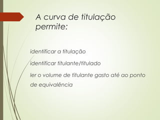 A curva de titulação
permite:
identificar a titulação
identificar titulante/titulado
ler o volume de titulante gasto até ao ponto
de equivalência
 