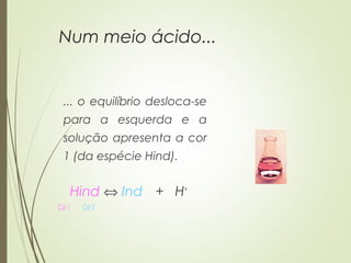 Num meio ácido...
... o equilíbrio desloca-se
para a esquerda e a
solução apresenta a cor
1 (da espécie Hind).
Hind ⇔ Ind-
+ H+
Cor 1 Cor 2
 