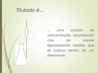 Titulado é...
... uma solução de
concentração esconhecida
mas de volume
rigorosamente medido que
se coloca dentro de um
Erlenmeyer.
 