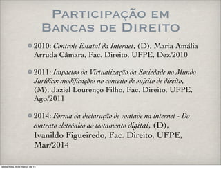 Participação em
Bancas de Direito
2010: Controle Estatal da Internet, (D), Maria Amália
Arruda Câmara, Fac. Direito, UFPE, Dez/2010
2011: Impactos da Virtualização da Sociedade no Mundo
Jurídico: modiﬁcações no conceito de sujeito de direito,
(M), Jaziel Lourenço Filho, Fac. Direito, UFPE,
Ago/2011
2014: Forma da declaração de vontade na internet - Do
contrato eletrônico ao testamento digital, (D),
Ivanildo Figueiredo, Fac. Direito, UFPE,
Mar/2014
sexta-feira, 6 de março de 15
 