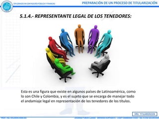 5.1.4.- REPRESENTANTE LEGAL DE LOS TENEDORES:




Esta es una figura que existe en algunos países de Latinoamérica, como
lo son Chile y Colombia, y es el sujeto que se encarga de manejar todo
el andamiaje legal en representación de los tenedores de los títulos.
 