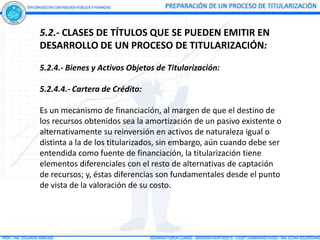 5.2.- CLASES DE TÍTULOS QUE SE PUEDEN EMITIR EN
DESARROLLO DE UN PROCESO DE TITULARIZACIÓN:

5.2.4.- Bienes y Activos Objetos de Titularización:

5.2.4.4.- Cartera de Crédito:

Es un mecanismo de financiación, al margen de que el destino de
los recursos obtenidos sea la amortización de un pasivo existente o
alternativamente su reinversión en activos de naturaleza igual o
distinta a la de los titularizados, sin embargo, aún cuando debe ser
entendida como fuente de financiación, la titularización tiene
elementos diferenciales con el resto de alternativas de captación
de recursos; y, éstas diferencias son fundamentales desde el punto
de vista de la valoración de su costo.
 