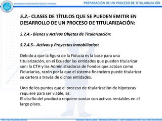 5.2.- CLASES DE TÍTULOS QUE SE PUEDEN EMITIR EN
DESARROLLO DE UN PROCESO DE TITULARIZACIÓN:

5.2.4.- Bienes y Activos Objetos de Titularización:

5.2.4.5.- Activos y Proyectos Inmobiliarios:

Debido a que la figura de la Fiducia es la base para una
titularización, en el Ecuador las entidades que pueden titularizar
son: la CTH y las Administradoras de Fondos que actúan como
Fiduciarias, razón por la que el sistema financiero puede titularizar
su cartera a través de dichas entidades.

Uno de los puntos que el proceso de titularización de hipotecas
requiere para ser viable, es:
El diseño del producto requiere contar con activos rentables en el
largo plazo.
 