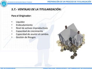 5.7.- VENTAJAS DE LA TITULARIZACIÓN:

Para el Originador:

•   Liquidez
•   Endeudamiento
•   Nivel de activos improductivos
•   Capacidad de crecimiento
•   Capacidad de asumir el cambio.
•   Gestión de Riesgos
 