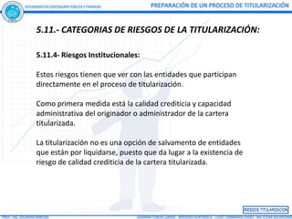 5.11.- CATEGORIAS DE RIESGOS DE LA TITULARIZACIÓN:

5.11.4- Riesgos Institucionales:

Estos riesgos tienen que ver con las entidades que participan
directamente en el proceso de titularización.

Como primera medida está la calidad crediticia y capacidad
administrativa del originador o administrador de la cartera
titularizada.

La titularización no es una opción de salvamento de entidades
que están por liquidarse, puesto que da lugar a la existencia de
riesgo de calidad crediticia de la cartera titularizada.
 