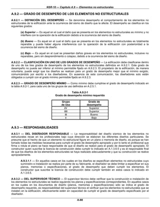 NSR-10 — Capítulo A.9 — Elementos no estructurales

A.9.2 — GRADO DE DESEMPEÑO DE LOS ELEMENTOS NO ESTRUCTURALES
A.9.2.1 — DEFINICIÓN DEL DESEMPEÑO — Se denomina desempeño el comportamiento de los elementos no
estructurales de la edificación ante la ocurrencia del sismo de diseño que la afecte. El desempeño se clasifica en los
siguientes grados:

        (a) Superior — Es aquel en el cual el daño que se presenta en los elementos no estructurales es mínimo y no
        interfiere con la operación de la edificación debido a la ocurrencia del sismo de diseño.

        (b) Bueno — Es aquel en el cual el daño que se presenta en los elementos no estructurales es totalmente
        reparable y puede haber alguna interferencia con la operación de la edificación con posterioridad a la
        ocurrencia del sismo de diseño.

        (c) Bajo — Es aquel en el cual se presentan daños graves en los elementos no estructurales, inclusive no
        reparables, pero sin desprendimiento o colapso, debido a la ocurrencia del sismo de diseño.

A.9.2.2 — CLASIFICACIÓN EN UNO DE LOS GRADOS DE DESEMPEÑO — La edificación debe clasificarse dentro
de uno de los tres grados de desempeño de los elementos no estructurales definidos en A.9.2.1. Este grado de
desempeño no puede ser inferior al mínimo permisible fijado en A.9.2.3. El propietario de la edificación, de manera
voluntaria, puede exigir que los diseños se realicen para un grado de desempeño mejor que el mínimo exigido,
comunicándolo por escrito a los diseñadores. En ausencia de esta comunicación, los diseñadores solo están
obligados a cumplir con el grado mínimo permisible fijado en A.9.2.3.

A.9.2.3 — GRADO DE DESEMPEÑO MÍNIMO — Como mínimo debe cumplirse el grado de desempeño indicado en
la tabla A.9.2-1, para cada uno de los grupos de uso definidos en A.2.5.1.

                                                  Tabla A.9.2-1
                                      Grado de desempeño mínimo requerido

                                            Grupo                  Grado de
                                            de Uso                desempeño
                                              IV                   Superior
                                              III                  Superior
                                               II                   Bueno
                                               I                     Bajo


A.9.3 — RESPONSABILIDADES
A.9.3.1 — DEL DISEÑADOR RESPONSABLE — La responsabilidad del diseño sísmico de los elementos no
estructurales recae en los profesionales bajo cuya dirección se elaboran los diferentes diseños particulares. Se
presume que el hecho de que un elemento no estructural figure en un plano o memoria de diseño, es porque se han
tomado todas las medidas necesarias para cumplir el grado de desempeño apropiado y por lo tanto el profesional que
firma o rotula el plano se hace responsable de que el diseño se realizó para el grado de desempeño apropiado. El
constructor quien suscribe la licencia de construcción debe cumplir lo indicado en A.1.3.6.5 y es el responsable final
de que los diseños de los elementos estructurales se haya realizado adecuadamente y que su construcción se realice
apropiadamente.

        A.9.3.1.1 — En aquellos casos en los cuales en los diseños se especifican elementos no estructurales cuyo
        suministro e instalación se realiza por parte de su fabricante, el diseñador se debe limitar a especificar en sus
        planos, memorias o especificaciones, el grado de desempeño que deben cumplir los elementos. El
        constructor que suscribe la licencia de construcción debe cumplir también en estos casos lo indicado en
        A.1.3.6.5.

A.9.3.2 — DEL SUPERVISOR TÉCNICO — El supervisor técnico debe verificar que la construcción e instalación de
los elementos no estructurales se realice siguiendo los planos y especificaciones correspondientes. En aquellos casos
en los cuales en los documentos de diseño (planos, memorias y especificaciones) sólo se indica el grado de
desempeño requerido, es responsabilidad del supervisor técnico el verificar que los elementos no estructurales que se
instalen en la edificación, efectivamente estén en capacidad de cumplir el grado de desempeño especificado por el
diseñador.

                                                         A-88
 