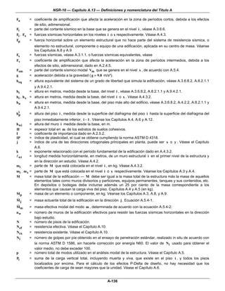NSR-10 — Capítulo A.13 — Definiciones y nomenclatura del Título A

Fa      = coeficiente de amplificación que afecta la aceleración en la zona de períodos cortos, debida a los efectos
          de sitio, adimensional.
Fi      = parte del cortante sísmico en la base que se genera en el nivel i , véase A.3.6.6.
Fi , Fx = fuerzas sísmicas horizontales en los niveles i o x respectivamente. Véase A.4.3.
Fp      = fuerza horizontal sobre un elemento estructural que no hace parte del sistema de resistencia sísmica, o
             elemento no estructural, componente o equipo de una edificación, aplicada en su centro de masa. Véanse
             los Capítulos A.8 y A.9
Fs      =    fuerzas sísmicas, véase A.3.1.1, o fuerzas sísmicas equivalentes, véase
Fv      =    coeficiente de amplificación que afecta la aceleración en la zona de períodos intermedios, debida a los
             efectos de sitio, adimensional, dado en A.2.4.5.
Fxm     =    parte del cortante sísmico modal Vm que se genera en el nivel x , de acuerdo con A.5.4.
g       =    aceleración debida a la gravedad ( g = 9.8 m/s²).
heq     =    altura equivalente del sistema de un grado de libertad que simula la edificación, véase A.3.6.8.2, A.8.2.1.1
           y A.9.4.2.1.
hi       = altura en metros, medida desde la base, del nivel i , véase A.3.6.8.2, A.8.2.1.1 y A.9.4.2.1.
hi , h x = altura en metros, medida desde la base, del nivel i o x . Véase A.4.3.2.
hn       = altura en metros, medida desde la base, del piso más alto del edificio, véase A.3.6.8.2, A.4.2.2, A.8.2.1.1 y
           A.9.4.2.1.
 i
hp      = altura del piso i , medida desde la superficie del diafragma del piso i hasta la superficie del diafragma del
             piso inmediatamente inferior, i − 1 . Véanse los Capítulos A.4, A.6 y A.12.
h wi    =    altura del muro i medida desde la base, en m.
H       =    espesor total en m de los estratos de suelos cohesivos.
I       =    coeficiente de importancia dado en A.2.5.2.
IP      =    índice de plasticidad, el cual se obtiene cumpliendo la norma ASTM D 4318.
j       =    índice de una de las direcciones ortogonales principales en planta, puede ser x o y . Véase el Capítulo
             A.6.
k       =    exponente relacionado con el período fundamental de la edificación dado en A.4.3.2.
 wi     =    longitud medida horizontalmente, en metros, de un muro estructural i en el primer nivel de la estructura y
             en la dirección en estudio. Véase A.4.2.
mi       =   parte de M que está colocada en el nivel i , en kg. Véase A.4.3.2.
mi , m x =   parte de M que está colocada en el nivel i o x respectivamente. Véanse los Capítulos A.3 y A.4.
M        =   masa total de la edificación — M debe ser igual a la masa total de la estructura más la masa de aquellos
             elementos tales como muros divisorios y particiones, equipos permanentes, tanques y sus contenidos, etc.
             En depósitos o bodegas debe incluirse además un 25 por ciento de la masa correspondiente a los
             elementos que causan la carga viva del piso. Capítulos A.4 y A.5 (en kg).
Mp      =    masa de un elemento o componente, en kg. Véanse los Capítulos A.3, A.8, y A.9.
Mj      = masa actuante total de la edificación en la dirección j . Ecuación A.5.4-1.
Mm      = masa efectiva modal del modo m , determinada de acuerdo con la ecuación A.5.4-2.
nw      = número de muros de la edificación efectivos para resistir las fuerzas sísmicas horizontales en la dirección
          bajo estudio.
N       = número de pisos de la edificación.
Nef     = resistencia efectiva. Véase el Capítulo A.10.
Nex     = resistencia existente. Véase el Capítulo A.10.
Ni      = número de golpes por píe obtenido en el ensayo de penetración estándar, realizado in situ de acuerdo con
          la norma ASTM D 1586, sin hacerle corrección por energía N60. El valor de Ni usado para obtener el
          valor medio, no debe exceder 100.
p       = número total de modos utilizado en el análisis modal de la estructura. Véase el Capítulo A.5.
Pi      = suma de la carga vertical total, incluyendo muerta y viva, que existe en el piso i , y todos los pisos
          localizados por encima. Para el cálculo de los efectos P-Delta de diseño, no hay necesidad que los
          coeficientes de carga de sean mayores que la unidad. Véase el Capítulo A.6.


                                                          A-136
 