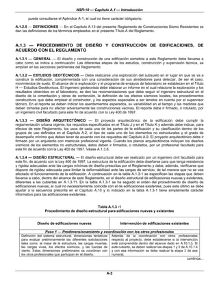 NSR-10 — Capítulo A.1 — Introducción

        puede consultarse el Apéndice A-1, el cual no tiene carácter obligatorio.

A.1.2.5 — DEFINICIONES — En el Capítulo A.13 del presente Reglamento de Construcciones Sismo Resistentes se
dan las definiciones de los términos empleados en el presente Título A del Reglamento.



A.1.3 — PROCEDIMIENTO DE DISEÑO Y CONSTRUCCIÓN DE EDIFICACIONES, DE
ACUERDO CON EL REGLAMENTO
A.1.3.1 — GENERAL — El diseño y construcción de una edificación sometida a este Reglamento debe llevarse a
cabo como se indica a continuación. Las diferentes etapas de los estudios, construcción y supervisión técnica, se
amplían en las secciones pertinentes del Reglamento.

A.1.3.2 — ESTUDIOS GEOTÉCNICOS — Debe realizarse una exploración del subsuelo en el lugar en que se va a
construir la edificación, complementada con una consideración de sus alrededores para detectar, de ser el caso,
movimientos de suelo. El alcance de la exploración y el programa de ensayos de laboratorio se establecen en el Título
H — Estudios Geotécnicos. El ingeniero geotecnista debe elaborar un informe en el cual relacione la exploración y los
resultados obtenidos en el laboratorio, se den las recomendaciones que debe seguir el ingeniero estructural en el
diseño de la cimentación y obras de contención, la definición de los efectos sísmicos locales, los procedimientos
constructivos que debe emplear el constructor, y los aspectos especiales a ser tenidos en cuenta por el supervisor
técnico. En el reporte se deben indicar los asentamientos esperados, su variabilidad en el tiempo y las medidas que
deben tomarse para no afectar adversamente las construcciones vecinas. El reporte debe ir firmado, o rotulado, por
un ingeniero civil facultado para este fin de acuerdo con la Ley 400 de 1997.

A.1.3.3 — DISEÑO ARQUITECTÓNICO — El proyecto arquitectónico de la edificación debe cumplir la
reglamentación urbana vigente, los requisitos especificados en el Título J y en el Título K y además debe indicar, para
efectos de este Reglamento, los usos de cada una de las partes de la edificación y su clasificación dentro de los
grupos de uso definidos en el Capítulo A.2, el tipo de cada uno de los elementos no estructurales y el grado de
desempeño mínimo que deben tener de acuerdo con los requisitos del Capítulo A.9. El proyecto arquitectónico debe ir
firmado por un arquitecto con matricula profesional vigente. Cuando los planos arquitectónicos incluyan los diseños
sísmicos de los elementos no estructurales, éstos deben ir firmados, o rotulados, por un profesional facultado para
este fin de acuerdo con la Ley 400 de 1997. Véase A.1.3.6.

A.1.3.4 — DISEÑO ESTRUCTURAL — El diseño estructural debe ser realizado por un ingeniero civil facultado para
este fin, de acuerdo con la Ley 400 de 1997. La estructura de la edificación debe diseñarse para que tenga resistencia
y rigidez adecuadas ante las cargas mínimas de diseño prescritas por el Reglamento y debe, además, verificarse que
dispone de rigidez adecuada para limitar la deformabilidad ante las cargas de servicio, de tal manera que no se vea
afectado el funcionamiento de la edificación. A continuación en la tabla A.1.3-1 se especifican las etapas que deben
llevarse a cabo, dentro del alcance de este Reglamento, en el diseño estructural de edificaciones nuevas y existentes,
diferentes a las cubiertas en A.1.3.11. En la tabla A.1.3-1 se ha seguido el orden del procedimiento de diseño de
edificaciones nuevas, el cual no necesariamente coincide con el de edificaciones existentes, pues este último se debe
ajustar a la secuencia prescrita en el Capítulo A.10 y lo indicado en la tabla A.1.3-1 tiene simplemente carácter
informativo para las edificaciones existentes.


                                               Tabla A.1.3 -1
                  Procedimiento de diseño estructural para edificaciones nuevas y existentes


             Diseño de edificaciones nuevas                           Intervención de edificaciones existentes

                   Paso 1 — Predimensionamiento y coordinación con los otros profesionales
   Definición del sistema estructural, dimensiones tentativas   Además de la coordinación con otros profesionales
   para evaluar preliminarmente las diferentes solicitaciones   respecto al proyecto, debe establecerse si la intervención
   tales como: la masa de la estructura, las cargas muertas,    está comprendida dentro del alcance dado en A.10.1.3. Si
   las cargas vivas, los efectos sísmicos, y las fuerzas de     está cubierto, se deben realizar las etapas 1 y 2 de A.10.1.4
   viento. Estas dimensiones preliminares se coordinan con      y con esa información se debe realizar la etapa 3 de ese
   los otros profesionales que participan en el diseño.         numeral.
                                                                                                                     continúa...



                                                            A-3
 
