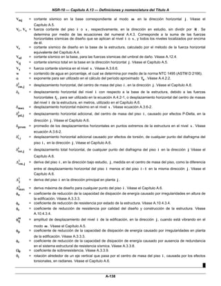 NSR-10 — Capítulo A.13 — Definiciones y nomenclatura del Título A

Vmj      = cortante sísmico en la base correspondiente al modo m en la dirección horizontal j . Véase el
          Capítulo A.5.
Vi , Vx = fuerza cortante del piso i o x , respectivamente, en la dirección en estudio, sin dividir por R . Se
          determina por medio de las ecuaciones del numeral A.4.3. Corresponde a la suma de las fuerzas
          horizontales sísmicas de diseño que se aplican al nivel i o x , y todos los niveles localizados por encima
          de él.
Vs      = cortante sísmico de diseño en la base de la estructura, calculado por el método de la fuerza horizontal
          equivalente del Capítulo A.4.
Vsd     = cortante sísmico en la base, para las fuerzas sísmicas del umbral de daño. Véase A.12.4.
Vtj     = cortante sísmico total en la base en la dirección horizontal j . Véase el Capítulo A.5.
Vx       = fuerza cortante sísmica en el nivel x . Véase A.3.6.6.
w        = contenido de agua en porcentaje, el cual se determina por medio de la norma NTC 1495 (ASTM D 2166).
α        = exponente para ser utilizado en el cálculo del período aproximado Ta . Véase A.4.2.2.
 i
δcm,j    = desplazamiento horizontal, del centro de masa del piso i , en la dirección j . Véase el Capítulo A.6.
δi       = desplazamiento horizontal del nivel i con respecto a la base de la estructura, debido a las fuerzas
           horizontales fi , para ser utilizado en la ecuación A.4.2-1, o desplazamiento horizontal del centro de masas
           del nivel i de la estructura, en metros, utilizado en el Capítulo A.6.
δmax     = desplazamiento horizontal máximo en el nivel x . Véase ecuación A.3.6-2.
 i
δpd,j    = desplazamiento horizontal adicional, del centro de masa del piso i , causado por efectos P-Delta, en la
            dirección j . Véase el Capítulo A.6.
δ prom = promedio de los desplazamientos horizontales en puntos extremos de la estructura en el nivel x . Véase
           ecuación A.3.6-2.
δ it,j   = desplazamiento horizontal adicional causado por efectos de torsión, de cualquier punto del diafragma del
            piso i , en la dirección j . Véase el Capítulo A.6.
δi
 tot,j   = desplazamiento total horizontal, de cualquier punto del diafragma del piso i en la dirección j Véase el
            Capítulo A.6.
  i
Δ cm,j   = deriva del piso i , en la dirección bajo estudio, j , medida en el centro de masa del piso, como la diferencia
            entre el desplazamiento horizontal del piso i menos el del piso i − 1 en la misma dirección j . Véase el
            Capítulo A.6.
Δ ij     = deriva del piso i en la dirección principal en planta j .
  i
Δ max    = deriva máxima de diseño para cualquier punto del piso i . Véase el Capítulo A.6.
φa       = coeficiente de reducción de la capacidad de disipación de energía causado por irregularidades en altura de
           la edificación. Véase A.3.3.3.
φe       = coeficiente de reducción de resistencia por estado de la estructura. Véase A.10.4.3.4.
φc       = coeficiente de reducción de resistencia por calidad del diseño y construcción de la estructura. Véase
           A.10.4.3.4.
φm
 ij      = amplitud de desplazamiento del nivel i de la edificación, en la dirección j , cuando está vibrando en el
           modo m . Véase el Capítulo A.5.
φp       = coeficiente de reducción de la capacidad de disipación de energía causado por irregularidades en planta
           de la edificación. Véase A.3.3.3.
φr       = coeficiente de reducción de la capacidad de disipación de energía causado por ausencia de redundancia
           en el sistema estructural de resistencia sísmica. Véase A.3.3.8.
Ω0       = coeficiente de sobreresistencia. Véase A.3.3.9.
θi       = rotación alrededor de un eje vertical que pasa por el centro de masa del piso i , causada por los efectos
           torsionales, en radianes. Véase el Capítulo A.6.
                                                                                                                   █


                                                           A-138
 