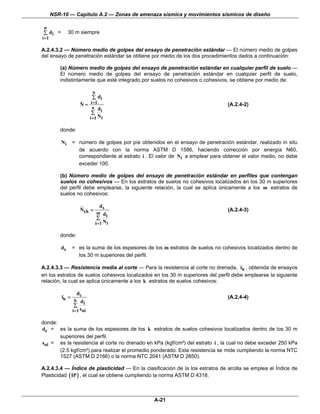NSR-10 — Capítulo A.2 — Zonas de amenaza sísmica y movimientos sísmicos de diseño

 n
∑ di =          30 m siempre
i =1

A.2.4.3.2 — Número medio de golpes del ensayo de penetración estándar — El número medio de golpes
del ensayo de penetración estándar se obtiene por medio de los dos procedimientos dados a continuación:

          (a) Número medio de golpes del ensayo de penetración estándar en cualquier perfil de suelo —
          El número medio de golpes del ensayo de penetración estándar en cualquier perfil de suelo,
          indistintamente que esté integrado por suelos no cohesivos o cohesivos, se obtiene por medio de:

                              n
                              ∑ di
                      N = i =1                                                    (A.2.4-2)
                              n d
                                  i
                             ∑
                             i =1 N i

          donde:

           Ni     = número de golpes por píe obtenidos en el ensayo de penetración estándar, realizado in situ
                    de acuerdo con la norma ASTM D 1586, haciendo corrección por energía N60,
                    correspondiente al estrato i . El valor de Ni a emplear para obtener el valor medio, no debe
                    exceder 100.

          (b) Número medio de golpes del ensayo de penetración estándar en perfiles que contengan
          suelos no cohesivos — En los estratos de suelos no cohesivos localizados en los 30 m superiores
          del perfil debe emplearse, la siguiente relación, la cual se aplica únicamente a los m estratos de
          suelos no cohesivos:

                                   ds
                      Nch =                                                       (A.2.4-3)
                                  m d
                                      i
                                  ∑
                                  i =1 N i

          donde:

           ds     = es la suma de los espesores de los m estratos de suelos no cohesivos localizados dentro de
                    los 30 m superiores del perfil.

A.2.4.3.3 — Resistencia media al corte — Para la resistencia al corte no drenada, su , obtenida de ensayos
en los estratos de suelos cohesivos localizados en los 30 m superiores del perfil debe emplearse la siguiente
relación, la cual se aplica únicamente a los k estratos de suelos cohesivos:

                    dc
           su =                                                                   (A.2.4-4)
                   k d
                       i
                  ∑
                  i =1 sui

donde:
dc = es la suma de los espesores de los k estratos de suelos cohesivos localizados dentro de los 30 m
       superiores del perfil.
sui = es la resistencia al corte no drenado en kPa (kgf/cm²) del estrato i , la cual no debe exceder 250 kPa
       (2.5 kgf/cm²) para realizar el promedio ponderado. Esta resistencia se mide cumpliendo la norma NTC
       1527 (ASTM D 2166) o la norma NTC 2041 (ASTM D 2850).

A.2.4.3.4 — Índice de plasticidad — En la clasificación de la los estratos de arcilla se emplea el Índice de
Plasticidad ( IP ) , el cual se obtiene cumpliendo la norma ASTM D 4318.



                                                    A-21
 
