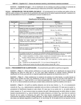 NSR-10 — Capítulo A.2 — Zonas de amenaza sísmica y movimientos sísmicos de diseño

        A.2.4.3.5 — Contenido de agua — En la clasificación de los estratos de arcilla se emplea el contenido de
        agua en porcentaje, w , el cual se determina por medio de la norma NTC 1495 (ASTM D 2166).

A.2.4.4 — DEFINICIÓN DEL TIPO DE PERFIL DE SUELO — El procedimiento que se emplea para definir el tipo de
perfil de suelo se basa en los valores de los parámetros del suelo de los 30 metros superiores del perfil, medidos en el
sitio que se describieron en A.2.4.3. La clasificación se da en la tabla A.2.4-1.

                                                         Tabla A.2.4-1
                                             Clasificación de los perfiles de suelo

        Tipo de perfil                     Descripción                                             Definición
             A           Perfil de roca competente                                                    vs   ≥ 1500 m/s

              B          Perfil de roca de rigidez media                                1500 m/s >    vs   ≥ 760 m/s

                         Perfiles de suelos muy densos o roca blanda,
                         que cumplan con el criterio de velocidad de la                   760 m/s>    vs   ≥ 360 m/s
                         onda de cortante, o
             C           perfiles de suelos muy densos o roca blanda,                                 N ≥ 50, o
                         que cumplan con cualquiera de los dos criterios
                                                                                                      su ≥ 100 kPa (≈1 kgf/cm²)
                         Perfiles de suelos rígidos que cumplan con el
                         criterio de velocidad de la onda de cortante, o                  360 m/s >   vs   ≥ 180 m/s
             D           perfiles de suelos rígidos que          cumplan                         50 >   N ≥ 15, o
                         cualquiera de las dos condiciones
                                                                              100 kPa (≈1 kgf/cm²) > su ≥ 50 kPa (≈0.5 kgf/cm²)
                         Perfil que cumpla el criterio de velocidad de la
                         onda de cortante, o                                                    180 m/s >    vs
              E          perfil que contiene un espesor total   H mayor                           IP > 20
                         de 3 m de arcillas blandas                                                w ≥ 40%
                                                                               50 kPa (≈0.50 kgf/cm²) > su
                         Los perfiles de suelo tipo F requieren una evaluación realizada explícitamente en el sitio por un ingeniero
                         geotecnista de acuerdo con el procedimiento de A.2.10. Se contemplan las siguientes subclases:
                         F1 — Suelos susceptibles a la falla o colapso causado por la excitación sísmica, tales como: suelos
                              licuables, arcillas sensitivas, suelos dispersivos o débilmente cementados, etc.
              F          F2    — Turba y arcillas orgánicas y muy orgánicas ( H > 3 m para turba o arcillas orgánicas y muy
                              orgánicas).
                         F3   — Arcillas de muy alta plasticidad ( H > 7.5 m con Índice de Plasticidad IP > 75)
                         F4   — Perfiles de gran espesor de arcillas de rigidez mediana a blanda ( H > 36 m)


A.2.4.5 — PROCEDIMIENTO DE CLASIFICACIÓN — El procedimiento para definir el perfil es el siguiente:

        A.2.4.5.1 — Paso 1 — Debe primero verificarse si el suelo cae dentro de la clasificación de alguna de las
        categorías de perfil de suelo tipo F , en cuyo caso debe realizarse un estudio sísmico particular de
        clasificación en el sitio, por parte de un ingeniero geotecnista siguiendo los lineamientos de A.2.10.

        A.2.4.5.2 — Paso 2 — Debe establecerse la existencia de estratos de arcilla blanda. La arcilla blanda se
        define como aquella que tiene una resistencia al corte no drenado menor de 50 kPa (0.50 kgf/cm²), un
        contenido de agua, w , mayor del 40%, y un índice de plasticidad, IP , mayor de 20. Si hay un espesor total,
        H , de 3 m o más de estratos de arcilla que cumplan estas condiciones el perfil se clasifica como tipo E .

        A.2.4.5.3 — Paso 3 — El perfil se clasifica utilizando uno de los tres criterios: vs , N , o la consideración
        conjunta de Nch y su , seleccionando el aplicable como se indica a continuación. En caso que se cuente vs
        prevalecerá la clasificación basada en este criterio. En caso que no se cuente con vs se podrá utilizar el
        criterio basado en N que involucra todos los estratos del perfil. Alternativamente se podrá utilizar el criterio
        basado conjuntamente en su , para la fracción de suelos cohesivos y el criterio Nch , que toma en cuenta la
        fracción de los suelos no cohesivos del perfil. Para esta tercera consideración, en caso que las dos
        evaluaciones respectivas indiquen perfiles diferentes, se debe utilizar el perfil de suelos más blandos de los
        dos casos, por ejemplo asignando un perfil tipo E en vez de tipo D . En la tabla A.2.4-2 se resumen los tres

                                                                  A-22
 