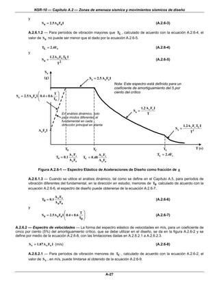 NSR-10 — Capítulo A.2 — Zonas de amenaza sísmica y movimientos sísmicos de diseño

        y
                  Sa = 2.5Aa Fa I                                                                             (A.2.6-3)

        A.2.6.1.2 — Para períodos de vibración mayores que TL , calculado de acuerdo con la ecuación A.2.6-4, el
        valor de Sa no puede ser menor que el dado por la ecuación A.2.6-5.

                  TL = 2.4Fv                                                                                  (A.2.6-4)
        y
                           1.2A v Fv TL I
                  Sa =                                                                                        (A.2.6-5)
                                T2

                     Sa
                     (g)                                Sa = 2.5 Aa Fa I
                                                                             Nota: Este espectro está definido para un
                                                                             coeficiente de amortiguamiento del 5 por
                ⎛          T⎞                                                ciento del crítico
Sa = 2.5Aa Fa I ⎜ 0.4 + 0.6 ⎟
                ⎝          T0 ⎠

                                                                                               1.2 A v Fv I
                                                                                        Sa =
                                     En análisis dinámico, solo                                    T
                                     para modos diferentes al
                                     fundamental en cada
                                     dirección principal en planta                                                                1.2A v Fv TL I
                                                                                                                           Sa =
                A a Fa I                                                                                                               T2



                                       T0                  TC                                                     TL                        T (s)
                                            A v Fv               A v Fv                                       TL = 2.4Fv
                               T0 = 0.1              TC = 0.48
                                            A a Fa               A a Fa

               Figura A.2.6-1 — Espectro Elástico de Aceleraciones de Diseño como fracción de g

        A.2.6.1.3 — Cuando se utilice el análisis dinámico, tal como se define en el Capítulo A.5, para períodos de
        vibración diferentes del fundamental, en la dirección en estudio, menores de T0 calculado de acuerdo con la
        ecuación A.2.6-6, el espectro de diseño puede obtenerse de la ecuación A.2.6-7.

                          A F
                  T0 = 0.1 v v                                                                                (A.2.6-6)
                          Aa Fa
        y
                                  ⎛          T⎞
                  Sa = 2.5Aa Fa I ⎜ 0.4 + 0.6 ⎟                                                               (A.2.6-7)
                                  ⎝          T0 ⎠

A.2.6.2 — Espectro de velocidades — La forma del espectro elástico de velocidades en m/s, para un coeficiente de
cinco por ciento (5%) del amortiguamiento crítico, que se debe utilizar en el diseño, se da en la figura A.2.6-2 y se
define por medio de la ecuación A.2.6-8, con las limitaciones dadas en A.2.6.2.1 a A.2.6.2.3.

         S v = 1.87A v Fv I (m/s)                                                                             (A.2.6-8)

        A.2.6.2.1 — Para períodos de vibración menores de TC , calculado de acuerdo con la ecuación A.2.6-2, el
        valor de S v , en m/s, puede limitarse al obtenido de la ecuación A.2.6-9.



                                                                      A-27
 