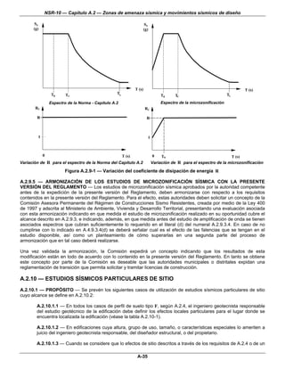 NSR-10 — Capítulo A.2 — Zonas de amenaza sísmica y movimientos sísmicos de diseño

      Sa                                                                Sa
      (g)                                                               (g)




                                                                T (s)                                                       T (s)
                  T0     TC                        TL                                                                TL
                                                                                  T0     TC
                 Espectro de la Norma - Capítulo A.2                              Espectro de la microzonificación
       RC                                                               RC

        R                                                                 R



         1                                                                1



             0                                          T (s)                 0    T0                                T (s)
Variación de R para el espectro de la Norma del Capítulo A.2                  Variación de R para el espectro de la microzonificación

                         Figura A.2.9-1 — Variación del coeficiente de disipación de energía R

A.2.9.5 — ARMONIZACIÓN DE LOS ESTUDIOS DE MICROZONIFICACIÓN SÍSMICA CON LA PRESENTE
VERSIÓN DEL REGLAMENTO — Los estudios de microzonificación sísmica aprobados por la autoridad competente
antes de la expedición de la presente versión del Reglamento, deben armonizarse con respecto a los requisitos
contenidos en la presente versión del Reglamento. Para el efecto, estas autoridades deben solicitar un concepto de la
Comisión Asesora Permanente del Régimen de Construcciones Sismo Resistentes, creada por medio de la Ley 400
de 1997 y adscrita al Ministerio de Ambiente, Vivienda y Desarrollo Territorial, presentando una evaluación asociada
con esta armonización indicando en que medida el estudio de microzonificación realizado en su oportunidad cubre el
alcance descrito en A.2.9.3, e indicando, además, en que medida antes del estudio de amplificación de onda se tienen
asociados espectros que cubran suficientemente lo requerido en el literal (d) del numeral A.2.9.3.4. En caso de no
cumplirse con lo indicado en A.4.9.3.4(d) se deberá señalar cual es el efecto de las falencias que se tengan en el
estudio disponible, así como un planteamiento de cómo superarlas en una segunda parte del proceso de
armonización que en tal caso deberá realizarse.

Una vez validada la armonización, la Comisión expedirá un concepto indicando que los resultados de esta
modificación están en todo de acuerdo con lo contenido en la presente versión del Reglamento. En tanto se obtiene
este concepto por parte de la Comisión es deseable que las autoridades municipales o distritales expidan una
reglamentación de transición que permita solicitar y tramitar licencias de construcción.

A.2.10 — ESTUDIOS SÍSMICOS PARTICULARES DE SITIO
A.2.10.1 — PROPÓSITO — Se prevén los siguientes casos de utilización de estudios sísmicos particulares de sitio
cuyo alcance se define en A.2.10.2:

        A.2.10.1.1 — En todos los casos de perfil de suelo tipo F, según A.2.4, el ingeniero geotecnista responsable
        del estudio geotécnico de la edificación debe definir los efectos locales particulares para el lugar donde se
        encuentra localizada la edificación (véase la tabla A.2.10-1).

        A.2.10.1.2 — En edificaciones cuya altura, grupo de uso, tamaño, o características especiales lo ameriten a
        juicio del ingeniero geotecnista responsable, del diseñador estructural, o del propietario.

        A.2.10.1.3 — Cuando se considere que lo efectos de sitio descritos a través de los requisitos de A.2.4 o de un

                                                                 A-35
 