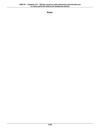 NSR-10 — Capítulo A.8 — Efectos sísmicos sobre elementos estructurales que
            no hacen parte del sistema de resistencia sísmica


                                 Notas:




                                  A-86
 