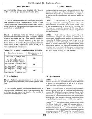 NSR-10 – Capítulo C.7 – Detalles del refuerzo
REGLAMENTO COMENTARIO©
C-92
No. 3 (3/8”) ó 10M (10 mm) a No. 5 (5/8”) ó 16M (16 mm),
no debe ser menor que los valores de la tabla C.7.2.
resulta más fácil de medir que el radio de dicho doblez. Los
factores principales que afectan el diámetro mínimo de
doblado son la capacidad del acero de doblarse sin romperse y
la prevención del aplastamiento del concreto dentro del
doblez.
C.7.2.2 — El diámetro interior de doblado para estribos no
debe ser menor que b4d para barras No. 5 (5/8”) ó 16M
(16 mm) y menores. Para barras mayores que No. 5 (5/8”)
ó 16M (16 mm), el diámetro de doblado debe cumplir con
lo estipulado en la tabla C.7.2.
CR7.2.2 — El doblez mínimo de b4d para los tamaños de
barras que comúnmente se utilizan para estribos, se basa en la
práctica aceptada de la industria en los Estados Unidos. El uso
de una barra para estribos no mayor de No. 5 (5/8”) ó 16M
(16 mm), para los ganchos estándar de 90º o de 135º en
estribos, permite doblar múltiples unidades con equipo normal
para doblar estribos.
C.7.2.3 — El diámetro interior de doblado en refuerzo
electrosoldado de alambre (corrugado o liso) para estribos
no debe ser menor que b4d para alambre corrugado
mayor de MD40 (7.1 mm de diámetro), y b2d para los
demás diámetros de alambre. Ningún doblez con diámetro
interior menor de b8d debe estar a menos de b4d de la
intersección soldada más cercana.
TABLA C.7.2 — DIÁMETROS MÍNIMOS DE DOBLADO
Diámetro de las barras Diámetro mínimo de
doblado
No. 3 (3/8”) ó 10M (10 mm)
a
No. 8 (1”) ó 25M (25 mm)
b6d
No. 9 (1-1/8”) ó 30M (30 mm),
No. 10 (1-1/4”) ó 32M (32 mm)
y
No. 11 (1-3/8”) ó 36M (36 mm)
b8d
No. 14 (1-3/4”) ó 45M (45 mm)
y
No. 18 (2-1/4”) ó 55M (55 mm)
b10d
CR7.2.3 — Puede utilizarse refuerzo electrosoldado de
alambre liso o corrugado para estribos. El alambre en las
intersecciones soldadas no tiene la misma ductilidad uniforme
y capacidad de doblado que en las zonas en que no se ha
calentado. Estos efectos de la temperatura de soldadura, por lo
general, se disipan a una distancia de aproximadamente cuatro
diámetros del alambre. Los diámetros mínimos de doblado
permitidos son, en la mayoría de los casos, los mismos que
los requeridos en los ensayos de doblado para alambre de la
NTC 4002 (ASTM A82M) y NTC 1907 (A496M).
C.7.3 — Doblado CR7.3 — Doblado
C.7.3.1 — Todo refuerzo debe doblarse en frío, a menos
que el profesional facultado para diseñar permita otra
cosa.
CR7.3.1 — Para dobleces poco usuales, con diámetros
interiores menores a los requeridos en la prueba de doblado de
la norma NTC correspondiente (o ASTM en su defecto),
puede necesitarse una fabricación especial.
C.7.3.2 — Ningún refuerzo parcialmente embebido en el
concreto puede doblarse en la obra, excepto cuando así
se indique en los planos de diseño o lo permita el
profesional facultado para diseñar.
CR7.3.2 — Las condiciones de la construcción pueden hacer
necesario doblar barras que se encuentran embebidas en el
concreto. Tal doblez en la obra no se puede efectuar sin la
autorización del profesional facultado para diseñar. Los
documentos del contrato deben determinar si la barra se puede
doblar en frío o si es necesario calentarla. Los dobleces deben
ser graduales y deben enderezarse a medida que se requiera.
Ensayos C.7.2, C.7.3
han demostrado que las barras de refuerzo
A615M de Grado 280 y Grado 420 pueden doblarse y
enderezarse en frío hasta 90 grados en, o cerca del diámetro
mínimo especificado en C.7.2. Si se encuentran casos de
agrietamiento o rotura, resulta benéfico el calentamiento a una
temperatura máxima de 820 ºC para evitar esta condición para
el resto de las barras. Las barras que se quiebren durante el
 