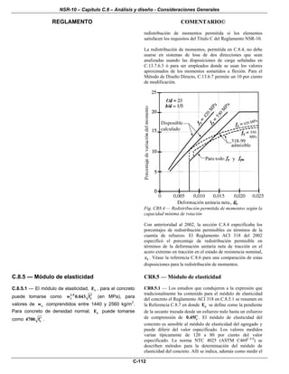 NSR-10 – Capítulo C.8 – Análisis y diseño - Consideraciones Generales
REGLAMENTO COMENTARIO©
C-112
redistribución de momentos permitida si los elementos
satisfacen los requisitos del Título C del Reglamento NSR-10.
La redistribución de momentos, permitida en C.8.4, no debe
usarse en sistemas de losa de dos direcciones que sean
analizadas usando las disposiciones de carga señaladas en
C.13.7.6.3 ó para ser empleados donde se usan los valores
aproximados de los momentos sometidos a flexión. Para el
Método de Diseño Directo, C.13.6.7 permite un 10 por ciento
de modificación.
Fig. CR8.4 — Redistribución permitida de momentos según la
capacidad mínima de rotación
Con anterioridad al 2002, la sección C.8.4 especificaba los
porcentajes de redistribución permisibles en términos de la
cuantía de refuerzo. El Reglamento ACI 318 del 2002
especificó el porcentaje de redistribución permisible en
términos de la deformación unitaria neta de tracción en el
acero extremo en tracción en el estado de resistencia nominal,
tε . Véase la referencia C.8.6 para una comparación de estas
disposiciones para la redistribución de momentos.
C.8.5 — Módulo de elasticidad
C.8.5.1 — El módulo de elasticidad, cE , para el concreto
puede tomarse como 1.5
c cw 0.043 f′ (en MPa), para
valores de cw comprendidos entre 1440 y 2560 kg/m3
.
Para concreto de densidad normal, cE puede tomarse
como c4700 f′ .
CR8.5 — Módulo de elasticidad
CR8.5.1 — Los estudios que condujeron a la expresión que
tradicionalmente ha contenido para el módulo de elasticidad
del concreto el Reglamento ACI 318 en C.8.5.1 se resumen en
la Referencia C.8.7 en donde cE se define como la pendiente
de la secante trazada desde un esfuerzo nulo hasta un esfuerzo
de comprensión de c0.45f′ . El módulo de elasticidad del
concreto es sensible al módulo de elasticidad del agregado y
puede diferir del valor especificado. Los valores medidos
varían típicamente de 120 a 80 por ciento del valor
especificado. La norma NTC 4025 (ASTM C469C.8.8
) se
describen métodos para la determinación del módulo de
elasticidad del concreto. Allí se indica, además como medir el
 