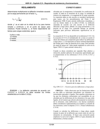 NSR-10 – Capítulo C.9 – Requisitos de resistencia y funcionamiento
REGLAMENTO COMENTARIO©
C-131
determinarse multiplicando la deflexión inmediata causada
por la carga permanente por el factor Δλ
1 50
Δ
ξ
λ =
′+ ρ
(C.9-11)
donde ′ρ es el valor en la mitad de la luz para tramos
simples y continuos y en el punto de apoyo para
voladizos. Puede tomarse ξ , el factor dependiente del
tiempo para cargas sostenidas, igual a:
5 años o más....................................................................2.0
12 meses ..........................................................................1.4
6 meses.............................................................................1.2
3 meses.............................................................................1.0
afectadas por: la temperatura, la humedad, las condiciones de
curado, la edad en el momento de la carga, la cantidad de
refuerzo de compresión, y la magnitud de la carga sostenida.
La expresión dada en esta sección se considera satisfactoria
para usarse con los procedimientos del Título C del
Reglamento NSR-10 para calcular deflexiones inmediatas, y
con los límites dados en la tabla C.9.5(b). La deflexión
calculada de acuerdo con esta sección es la deflexión
adicional a largo plazo, debida a la carga permanente y a la
porción de la carga viva sostenida durante un período
suficiente para provocar deflexiones significativas en el
tiempo.
La ecuación (C.9-11) se desarrolló en la referencia C.9.21. En
la ecuación (C.9-11) el multiplicador de ξ toma en cuenta el
efecto del refuerzo de compresión para reducir las deflexiones
a largo plazo. ξ =2.0 representa un factor nominal dependiente
del tiempo para 5 años de duración de la carga. Para períodos
de carga de menos de 5 años puede emplearse la curva en la
figura CR9.5.2.5 para calcular valores de ξ
Cuando se desea considerar por separado flujo plástico y
retracción, pueden aplicarse las ecuaciones aproximadas que
se proporcionan en las referencias C.9.15, C.9.16, C.9.21 y
C.9.22.
Fig. CR9.5.2.5 — Factores para las deflexiones a largo plazo
C.9.5.2.6 — La deflexión calculada de acuerdo con
C.9.5.2.2 a C.9.5.2.5 no debe exceder los límites
establecidos en la tabla C.9.5(b).
CR9.5.2.6 — Debe observarse que las limitaciones dadas
en esta tabla se relacionan únicamente con elementos no
estructurales apoyados o ligados. Para aquellas estructuras en
las que los elementos estructurales son susceptibles de ser
afectados por las deflexiones de los elementos a los que están
ligados, de tal manera que afecten adversamente la resistencia
de la estructura, estas deflexiones y las fuerzas resultantes
deben considerarse explícitamente en el análisis y el diseño de
las estructuras, como lo dispone C.9.5.1. (Véase la Referencia
C.9.18)
Cuando se calculen las deflexiones a largo plazo, puede
restarse la parte de la deflexión que ocurre antes de unir los
elementos no estructurales. Al hacer esta corrección puede
emplearse la curva de la figura. CR9.5.2.5 para elementos de
dimensiones y formas usuales.
 