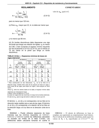 NSR-10 – Capítulo C.9 – Requisitos de resistencia y funcionamiento
REGLAMENTO COMENTARIO©
C-133
( )
y
n
fm
f
0.8
1400
h
36 5 0.2
⎛ ⎞
+⎜ ⎟
⎝ ⎠=
+ β α −
(C.9-12)
pero no menor que 125 mm.
(c) Para fmα mayor que 2.0, h no debe ser menor que:
y
n
f
0.8
1400
h
36 9
⎛ ⎞
+⎜ ⎟
⎝ ⎠=
+ β
(C.9-13)
y no menor que 90 mm.
(d) En bordes discontinuos debe disponerse una viga
de borde que tenga una relación de rigidez fα no menor
de 0.80, o bien aumentar el espesor mínimo requerido
por las ecuaciones (C.9-12) ó (C.9-13), por lo menos un
10 por ciento en el panel que tenga un borde
discontinuo.
valor de fmα igual a 0.2.
TABLA C.9.5(c) — Espesores mínimos de losas sin
vigas interiores*
Sin ábacos ‡ Con ábacos ‡
Paneles
exteriores
Paneles
inte-
riores
Paneles
exteriores
Paneles
inte-
riores
yf ,
MPa †
Sin
vigas de
borde
Con
vigas de
borde§
Sin
vigas de
borde
Con
vigas de
borde§
280
n
33
n
36
n
36
n
36
n
40
n
40
420
n
30
n
33
n
33
n
33
n
36
n
36
520
n
28
n
31
n
31
n
31
n
34
n
34
* Para construcción en dos direcciones, n , es la luz libre en la
dirección larga, medida entre caras de los apoyos en losas sin vigas y
entre caras de las vigas, para losas con vigas u otros apoyos en otros
casos.
†Para yf entre los valores dados en la tabla, el espesor mínimo debe
obtenerse por interpolación lineal.
‡ Ábaco, como se define en C.13.2.5.
§ Losas con vigas entre las columnas a lo largo de los bordes exteriores.
El valor de fα para la viga de borde no debe ser menor que 0.8.
El término n en (b) y (c) corresponde a la luz libre en la
dirección larga medida cara a cara de las vigas. El término
β en (b) y (c) corresponde a la relación de la luz libre en
la dirección larga a la luz libre en la dirección corta de la
losa.
C.9.5.3.4 — Puede utilizarse espesores de losas
menores que los mínimos requeridos en C.9.5.3.1,
C.9.5.3.2 y C.9.5.3.3 cuando las deflexiones calculadas
no exceden los límites de la tabla C.9.5(b). Las
deflexiones deben calcularse tomando en cuenta el
CR9.5.3.4 — El cálculo de deflexiones en losas es
complejo, aun suponiendo un comportamiento lineal elástico.
Para el cálculo de las deflexiones inmediatas, puede usarse los
valores de cE e eI especificados en C.9.5.2.3C.9.18
. Sin
 