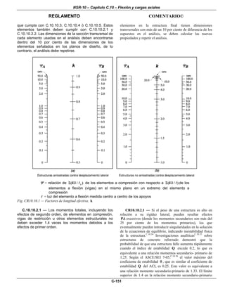 NSR-10 – Capítulo C.10 – Flexión y cargas axiales
REGLAMENTO COMENTARIO©
C-151
que cumpla con C.10.10.3, C.10.10.4 ó C.10.10.5. Estos
elementos también deben cumplir con C.10.10.2.1 y
C.10.10.2.2. Las dimensiones de la sección transversal de
cada elemento usadas en el análisis deben encontrarse
dentro del 10 por ciento de las dimensiones de los
elementos señalados en los planos de diseño, de lo
contrario, el análisis debe repetirse.
elementos en la estructura final tienen dimensiones
transversales con más de un 10 por ciento de diferencia de los
supuestos en el análisis, se deben calcular las nuevas
propiedades y repetir el análisis.
Ψ = relación de c(EI / )Σ de los elementos a compresión con respecto a (EI / )Σ de los
elementos a flexión (vigas) en el mismo plano en un extremo del elemento a
compresión
= luz del elemento a flexión medida centro a centro de los apoyos
Fig. CR10.10.1 — Factores de longitud efectiva, k
C.10.10.2.1 — Los momentos totales, incluyendo los
efectos de segundo orden, de elementos en compresión,
vigas de restricción u otros elementos estructurales no
deben exceder 1.4 veces los momentos debidos a los
efectos de primer orden.
CR10.10.2.1 — Si el peso de una estructura es alto en
relación a su rigidez lateral, pueden resultar efectos
PΔ excesivos (donde los momentos secundarios son más del
25 por ciento de los momentos primarios), los que
eventualmente pueden introducir singularidades en la solución
de la ecuaciones de equilibrio, indicando inestabilidad física
de la estructura.C.10.34
Investigaciones analíticasC.10.35
sobre
estructuras de concreto reforzado demostró que la
probabilidad de que una estructura falle aumenta rápidamente
cuando el índice de estabilidad Q excede 0.2, lo que es
equivalente a una relación momentos secundario- primario de
1.25. Según el ASCE/SEI 7-05,C.10.36
el valor máximo del
coeficiente de estabilidad θ , que es similar al coeficiente de
estabilidad Q del ACI, es 0.25. Este valor es equivalente a
una relación momento secundario-primario de 1.33. El límite
superior de 1.4 en la relación momento secundario-primario
 