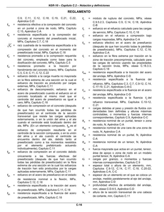 NSR-10 – Capítulo C.2 – Notación y definiciones
REGLAMENTO
C-16
C.9, C.11, C.12, C.18, C.19, C.21, C.22,
Apéndice C-D
cef = resistencia efectiva a la compresión del concreto
en un puntal o zona de nodo, MPa, Capítulo
C.15, Apéndice C-A
cif′ = resistencia especificada a la compresión del
concreto al momento del preesforzado inicial,
MPa, Capítulos C.7, C.18
cif′ = raíz cuadrada de la resistencia especificada a la
compresión del concreto en el momento del
preesforzado inicial, MPa, Capítulo C.18
crf′ = resistencia promedio a la compresión requerida
del concreto, empleada como base para la
dosificación del concreto, MPa, Capítulo C.5
ctf = resistencia promedio a la tracción por
hendimiento del concreto liviano, MPa, Capítulos
C.5, C.9, C.11, C.12, C.22
df = esfuerzo debido a la carga muerta no mayorada
en la fibra extrema de una sección en la cual el
esfuerzo de tracción es producido por cargas
externas, MPa, Capítulo C.11
dcf = esfuerzo de descompresión; esfuerzo en el
acero de preesforzado cuando el esfuerzo en el
concreto localizado al mismo nivel que el
centroide del acero de preesfuerzo es igual a
cero, MPa, Capítulo C.18
pcf = esfuerzo de compresión en el concreto (después
de que han ocurrido todas las pérdidas de
preesforzado) en el centroide de la sección
transversal que resiste las cargas aplicadas
externamente, o en la unión del alma y el ala
cuando el centroide está localizado dentro del
ala, MPa. (En un elemento compuesto, pcf es el
esfuerzo de compresión resultante en el
centroide de la sección compuesta, o en la unión
del alma y el ala cuando el centroide se
encuentra dentro del ala, debido tanto al
preesforzado como a los momentos resistidos
por el elemento prefabricado actuando
individualmente), Capítulo C.11
pef = esfuerzo de compresión en el concreto debido
únicamente a las fuerzas efectivas del
preesforzado (después de que han ocurrido
todas las pérdidas de preesforzado) en la fibra
extrema de una sección en la cual los esfuerzos
de tracción han sido producidos por la cargas
aplicadas externamente, MPa, Capítulo C.11
psf = esfuerzo en el acero de preesfuerzo en el estado
de resistencia nominal a la flexión, MPa,
Capítulos C.12, C.18
puf = resistencia especificada a la tracción del acero
de preesforzado, MPa, Capítulos C.11, C.18
pyf = resistencia especificada a la fluencia del acero
de preesforzado, MPa, Capítulo C.18
rf = módulo de ruptura del concreto, MPa, véase
C.9.5.2.3, Capítulos C.9, C.14, C.18, Apéndice
C-B
sf = esfuerzo en el refuerzo calculado para las cargas
de servicio, MPa, Capítulos C.10, C.18
sf′ = esfuerzo en el refuerzo a compresión bajo
cargas mayoradas, MPa, Apéndice C-A
sef = esfuerzo efectivo en el acero de preesfuerzo
(después de que han ocurrido todas la pérdidas
de preesforzado), MPa, Capítulos C.12, C.18,
Apéndice C-A
tf = esfuerzo en la fibra extrema por tracción en la
zona de tracción precomprimida, calculado para
las cargas de servicio usando las propiedades
de la sección bruta, MPa, véase C.18.3.3,
Capítulo C.18
utaf = resistencia especificada a la tracción del acero
del anclaje, MPa, Apéndice C-D
yf = resistencia especificada a la fluencia del
refuerzo, MPa, Capítulos C.3, C.7, C.9-12, C.14,
C.17-19, C.21, Apéndices C-A-C
yaf = resistencia especificada a la fluencia en el acero
del anclaje, MPa, Apéndice C-D
ytf = resistencia especificada a la fluencia yf del
refuerzo transversal, MPa, Capítulos C.10-12,
C.21
F = cargas debidas al peso y presión de fluidos con
densidades bien definidas y alturas máximas
controlables, o momentos y fuerzas internas
correspondientes, Capítulo C.9, Apéndice C-C
nF = resistencia nominal de un puntal, tensor o zona
de nodo, N, Apéndice C-A
nnF = resistencia nominal de una cara de una zona de
nodo, N, Apéndice C-A
nsF = resistencia nominal de un puntal, N, Apéndice
C-A
ntF = resistencia nominal de un tensor, N, Apéndice
C-A
uF = fuerza mayorada que actúa en un puntal, tensor,
área de apoyo o zona de nodo en un modelo
puntal tensor, N, Apéndice C-A
G = cargas por granizo, o momentos y fuerzas
internas correspondientes, Capítulo C.9
h = espesor total o altura de un elemento, mm,
Capítulos C.9-12, C.14, C.17, C.18, C.20-22,
Apéndices C-A, C-C
ah = espesor de un elemento en el que se coloca un
anclaje, medido paralelamente al eje del anclaje,
mm, Apéndice C-D
efh = profundidad efectiva de embebido del anclaje,
mm, véase C-D.8.5, Apéndice C-D
vh = altura de la sección transversal de una cabeza
de cortante, mm, Capítulo C.11
 