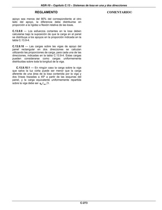 NSR-10 – Capítulo C.13 – Sistemas de losa en una y dos direcciones
REGLAMENTO COMENTARIO©
C-273
apoyo sea menos del 80% del correspondiente al otro
lado del apoyo, la diferencia debe distribuirse en
proporción a la rigidez a flexión relativa de las losas.
C.13.9.9 — Los esfuerzos cortantes en la losa deben
calcularse bajo la suposición de que la carga en el panel
se distribuye a los apoyos en la proporción indicada en la
tabla C.13.9-4.
C.13.9.10 — Las cargas sobre las vigas de apoyo del
panel rectangular en dos direcciones se calculan
utilizando las proporciones de carga, para cada una de las
direcciones, indicadas en la tabla C.13.9-4. Estas cargas
pueden considerarse como cargas uniformemente
distribuidas sobre toda la longitud de la viga.
C.13.9.10.1 — En ningún caso la carga sobre la viga
que salva la luz corta puede ser menor que la carga
aferente de una área de la losa contenida por la viga y
dos líneas trazadas a 45º a partir de las esquinas del
panel, y la carga equivalente uniformemente repartida
sobre la viga debe ser u naq 3 .
 