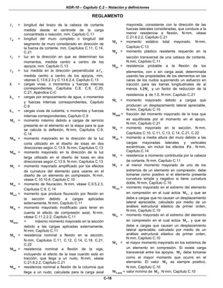 NSR-10 – Capítulo C.2 – Notación y definiciones
REGLAMENTO
C-18
v = longitud del brazo de la cabeza de cortante
medida desde el centroide de la carga
concentrada o reacción, mm, Capítulo C.11
w = longitud del muro completo o longitud del
segmento de muro considerado en dirección de
la fuerza de cortante, mm, Capítulos C.11, C.14,
C.21
1 = luz en la dirección en que se determinan los
momentos, medida centro a centro de los
apoyos, mm, Capítulo C.13
2 = luz medida en la dirección perpendicular a 1 ,
medida centro a centro de los apoyos, mm,
véanse C.13.6.2.3 y C.13.6.2.4, Capítulo C.13
L = cargas vivas, o momentos y fuerzas internas
correspondientes, Capítulos C.8, C.9, C.20,
C.21, Apéndice C-C
eL = cargas por empozamiento de agua, o momentos
y fuerzas internas correspondientes, Capítulo
C.9
rL = cargas vivas de cubierta, o momentos y fuerzas
internas correspondientes, Capítulo C.9
aM = momento máximo debido a cargas de servicio
presente en el elemento en la etapa para la que
se calcula la deflexión, N·mm, Capítulos C.9,
C.14
asM = momento mayorado en la dirección de la luz
corta utilizado en el diseño de losas en dos
direcciones según C.13.9. N·mm, Capítulos C.13
bsM = momento mayorado en la dirección de la luz
larga utilizado en el diseño de losas en dos
direcciones según C.13.9. N·mm, Capítulos C.13
cM = momento mayorado amplificado por los efectos
de curvatura del elemento para usarse en el
diseño de un elemento en compresión, N·mm,
véase C.10.10.6, Capítulo C.10
crM = momento de fisuración, N·mm, véase C.9.5.2.3,
Capítulos C.9, C.14
creM = momento que produce fisuración por flexión en
la sección debido a cargas aplicadas
externamente, N·mm, Capítulo C.11
mM = momento mayorado modificado para tener en
cuenta el efecto de compresión axial, N·mm,
véase C.11.2.2.2, Capítulo C.11
maxM = máximo momento mayorado en la sección
debido a las cargas aplicadas externamente,
N·mm, Capítulo C.11
nM = resistencia nominal a flexión en la sección,
N·mm, Capítulos C.11, C.12, C.14, C.18, C.21,
C.22
nbM = resistencia nominal a flexión de la viga,
incluyendo el efecto de la losa cuando está en
tracción, que llega a un nudo, N·mm, véase
C.21.6.2.2, Capítulo C.21
ncM = resistencia nominal a flexión de la columna que
llega a un nudo, calculada para la carga axial
mayorada, consistente con la dirección de las
fuerzas laterales consideradas, que conduce a la
menor resistencia a flexión, N·mm, véase
C.21.6.2.2, Capítulo C.21
oM = momento estático total mayorado, N·mm,
Capítulo C.13
pM = momento plástico resistente requerido en la
sección transversal de una cabeza de cortante,
N·mm, Capítulo C.11
prM = resistencia probable a la flexión de los
elementos, con o sin carga axial, determinada
usando las propiedades de los elementos en las
caras de los nudos suponiendo un esfuerzo en
tracción para las barras longitudinales de al
menos y1.25f y un factor de reducción de la
resistencia φ de 1.0, N·mm, Capítulo C.21
sM = momento mayorado debido a cargas que
producen un desplazamiento lateral apreciable,
N·mm, Capítulo C.10
slabM = fracción del momento mayorado de la losa que
es equilibrada por el momento en el apoyo,
N·mm, Capítulo C.21
uM = momento mayorado en la sección, N·mm,
Capítulos C.10, C.11, C.13, C.14, C.21, C.22
uaM = momento a media altura del muro debido a las
cargas mayoradas laterales y verticales
excéntricas, sin incluir los efectos PΔ , N·mm,
Capítulo C.14
vM = resistencia a momento contribuida por la cabeza
de cortante, N·mm, Capítulo C.11
1M = el menor momento mayorado de uno de los
extremos de un elemento en compresión, debe
tomarse como positivo si el elemento presenta
curvatura simple y negativo si tiene curvatura
doble, N·mm, Capítulo C.10
1nsM = momento mayorado en el extremo del elemento
en compresión en el cual actúa 1M , y que se
debe a cargas que no causan un desplazamiento
lateral apreciable, calculado por medio de un
análisis estructural elástico de primer orden,
N·mm, Capítulo C.10
1sM = momento mayorado en el extremo del elemento
en compresión en el cual actúa 1M , y que se
debe a cargas que causan un desplazamiento
lateral apreciable, calculado por medio de un
análisis estructural elástico de primer orden,
N·mm, Capítulo C.10
2M = el mayor momento mayorado en los extremos de
un elemento en compresión. Si existe carga
transversal entre los apoyos, 2M debe tomarse
como el mayor momento que ocurre en el
elemento. El valor 2M es siempre positivo,
N·mm, Capítulo C.10
2,minM = valor mínimo de 2M , N·mm, Capítulo C.10
 