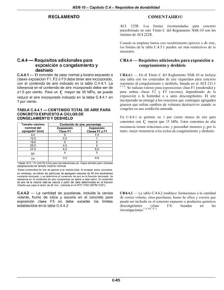 NSR-10 – Capítulo C.4 – Requisitos de durabilidad
REGLAMENTO COMENTARIO©
C-65
ACI 222R. Los límites recomendados para concreto
preesforzado en este Título C del Reglamento NSR-10 son los
mismos de ACI 222R.
Cuando se emplean barras con recubrimiento epóxico o de zinc,
los límites de la tabla C.4.3.1 pueden ser más restrictivos de lo
necesario.
C.4.4 — Requisitos adicionales para
exposición a congelamiento y
deshielo
CR4.4 — Requisitos adicionales para exposición a
congelamiento y deshielo
C.4.4.1 — El concreto de peso normal y liviano expuesto a
clases exposición F1, F2 ó F3 debe tener aire incorporado,
con el contenido de aire indicado en la tabla C.4.4.1. La
tolerancia en el contenido de aire incorporado debe ser de
±1.5 por ciento. Para un cf′ mayor de 35 MPa, se puede
reducir el aire incorporado indicado en la tabla C.4.4.1 en
1 por ciento.
TABLA C.4.4.1 — CONTENIDO TOTAL DE AIRE PARA
CONCRETO EXPUESTO A CICLOS DE
CONGELAMIENTO Y DESHIELO
Contenido de aire, porcentajeTamaño máximo
nominal del
agregado* (mm)
Exposición
Clase F1
Exposición
Clases F2 y F3
9.5 6 7.5
12.5 5.5 7
19.0 5 6
25.0 4.5 6
37.5 4.5 5.5
50+ 4 5
75+ 3.5 4.5
*Véase NTC 174 (ASTM C33) para las tolerancias por mayor tamaño para diversas
designaciones de tamaño máximo nominal.
+Estos contenidos de aire se aplican a la mezcla total. Al ensayar estos concretos,
sin embargo, se retiran las partículas de agregado mayores de 40 mm sacándolas
mediante tamizado, y se determina el contenido de aire en la fracción tamizada. (la
tolerancia en el contenido de aire incorporado se aplica a este valor). El contenido
de aire de la mezcla total se calcula a partir del valor determinado en la fracción
cribada que pasa el tamiz de 40 mm., indicado en la NTC 1032 (ASTM C231).
CR4.4.1 — En el Título C del Reglamento NSR-10 se incluye
una tabla con los contenidos de aire requeridos para concreto
resistente al congelamiento y deshielo, basada en el ACI 211.1
C.4.9
. Se indican valores para exposiciones clase F1 (moderada) y
para ambas clases F2 y F3 (severas), dependiendo de la
exposición a la humedad o a sales descongelantes. El aire
incorporado no protege a los concretos que contengan agregados
gruesos que sufran cambios de volumen destructivos cuando se
congelen en una condición saturada.
En C.4.4.1 se permite un 1 por ciento menos de aire para
concretos con cf′ mayor que 35 MPa. Estos concretos de alta
resistencia tienen relaciones a/mc y porosidad menores y, por lo
tanto, mejor resistencia a los ciclos de congelamiento y deshielo.
C.4.4.2 — La cantidad de puzolanas, incluida la ceniza
volante, humo de sílice y escoria en el concreto para
exposición clase F3 no debe exceder los límites
establecidos en la tabla C.4.4.2
CR4.4.2 — La tabla C.4.4.2 establece limitaciones a la cantidad
de ceniza volante, otras puzolanas, humo de sílice y escoria que
puede ser incluida en el concreto expuesto a productos químicos
descongelantes (clase F3) basadas en las
investigaciones.C.4.10,C.4.11
 