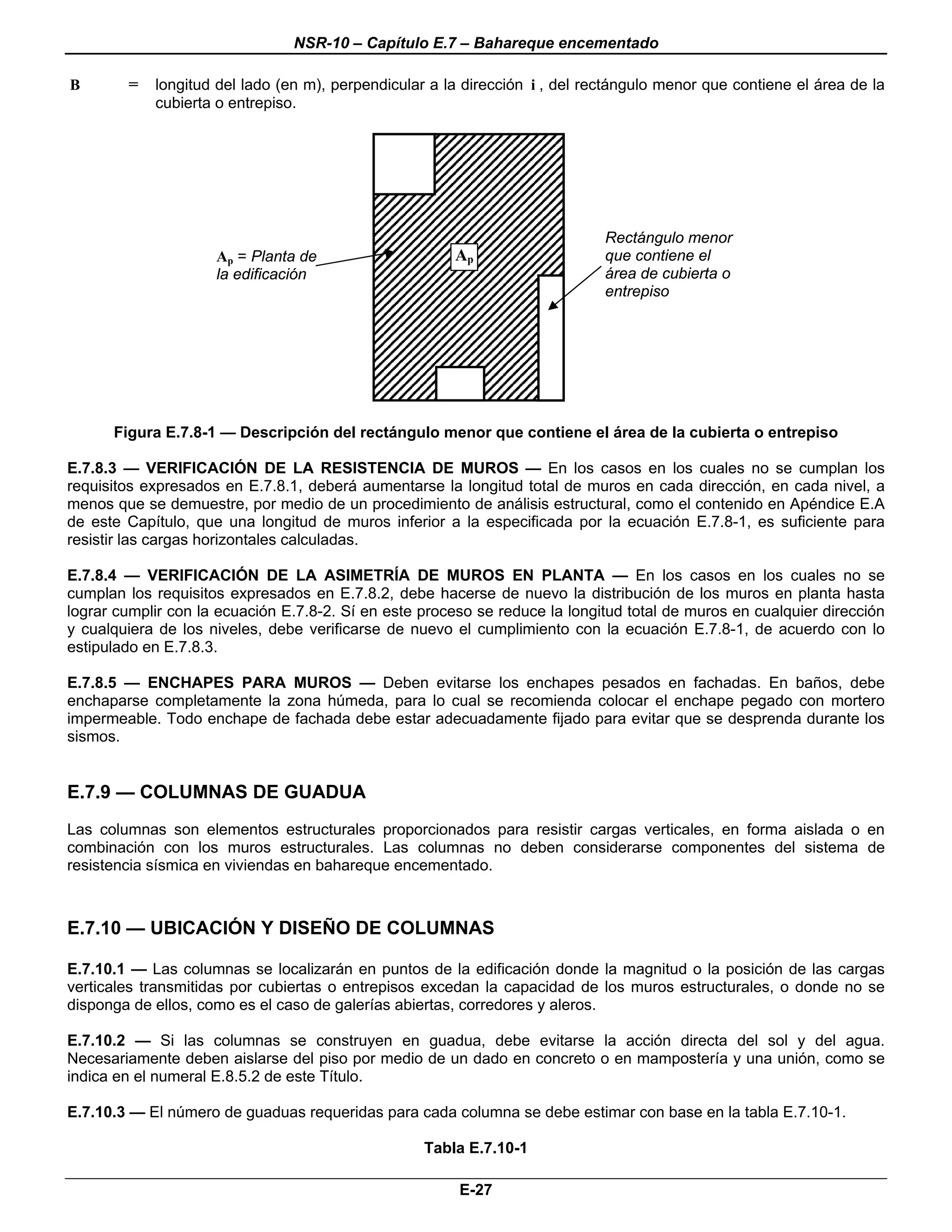 NSR-10 – Capítulo E.7 – Bahareque encementado

B       =   longitud del lado (en m), perpendicular a la dirección i , del rectángulo menor que contiene el área de la
            cubierta o entrepiso.




                                                                             Rectángulo menor
                     Ap = Planta de                    Ap                    que contiene el
                     la edificación                                          área de cubierta o
                                                                             entrepiso




      Figura E.7.8-1 — Descripción del rectángulo menor que contiene el área de la cubierta o entrepiso

E.7.8.3 — VERIFICACIÓN DE LA RESISTENCIA DE MUROS — En los casos en los cuales no se cumplan los
requisitos expresados en E.7.8.1, deberá aumentarse la longitud total de muros en cada dirección, en cada nivel, a
menos que se demuestre, por medio de un procedimiento de análisis estructural, como el contenido en Apéndice E.A
de este Capítulo, que una longitud de muros inferior a la especificada por la ecuación E.7.8-1, es suficiente para
resistir las cargas horizontales calculadas.

E.7.8.4 — VERIFICACIÓN DE LA ASIMETRÍA DE MUROS EN PLANTA — En los casos en los cuales no se
cumplan los requisitos expresados en E.7.8.2, debe hacerse de nuevo la distribución de los muros en planta hasta
lograr cumplir con la ecuación E.7.8-2. Sí en este proceso se reduce la longitud total de muros en cualquier dirección
y cualquiera de los niveles, debe verificarse de nuevo el cumplimiento con la ecuación E.7.8-1, de acuerdo con lo
estipulado en E.7.8.3.

E.7.8.5 — ENCHAPES PARA MUROS — Deben evitarse los enchapes pesados en fachadas. En baños, debe
enchaparse completamente la zona húmeda, para lo cual se recomienda colocar el enchape pegado con mortero
impermeable. Todo enchape de fachada debe estar adecuadamente fijado para evitar que se desprenda durante los
sismos.


E.7.9 — COLUMNAS DE GUADUA
Las columnas son elementos estructurales proporcionados para resistir cargas verticales, en forma aislada o en
combinación con los muros estructurales. Las columnas no deben considerarse componentes del sistema de
resistencia sísmica en viviendas en bahareque encementado.



E.7.10 — UBICACIÓN Y DISEÑO DE COLUMNAS

E.7.10.1 — Las columnas se localizarán en puntos de la edificación donde la magnitud o la posición de las cargas
verticales transmitidas por cubiertas o entrepisos excedan la capacidad de los muros estructurales, o donde no se
disponga de ellos, como es el caso de galerías abiertas, corredores y aleros.

E.7.10.2 — Si las columnas se construyen en guadua, debe evitarse la acción directa del sol y del agua.
Necesariamente deben aislarse del piso por medio de un dado en concreto o en mampostería y una unión, como se
indica en el numeral E.8.5.2 de este Título.

E.7.10.3 — El número de guaduas requeridas para cada columna se debe estimar con base en la tabla E.7.10-1.

                                                   Tabla E.7.10-1

                                                        E-27
 