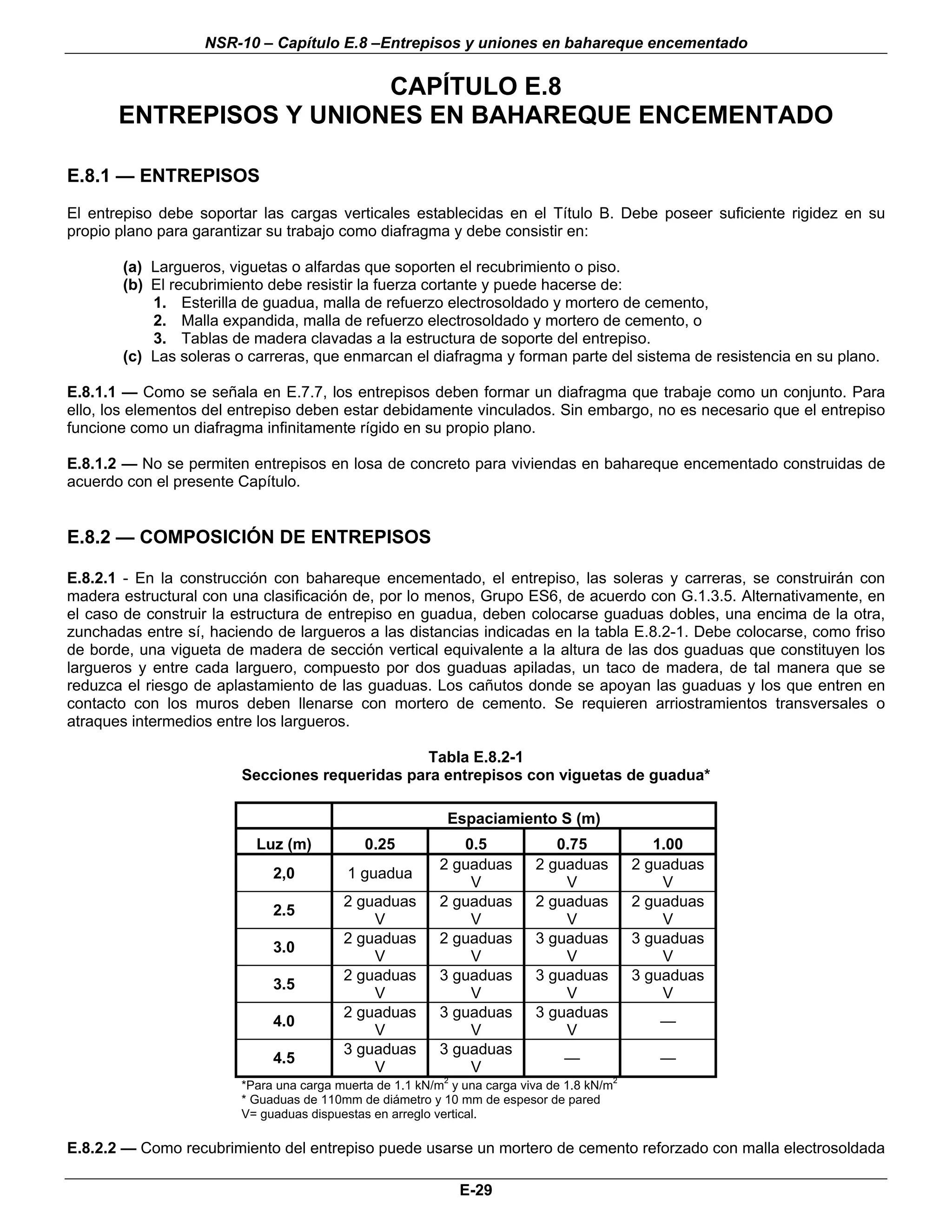 NSR-10 – Capítulo E.8 –Entrepisos y uniones en bahareque encementado

                         CAPÍTULO E.8
       ENTREPISOS Y UNIONES EN BAHAREQUE ENCEMENTADO

E.8.1 — ENTREPISOS
El entrepiso debe soportar las cargas verticales establecidas en el Título B. Debe poseer suficiente rigidez en su
propio plano para garantizar su trabajo como diafragma y debe consistir en:

       (a) Largueros, viguetas o alfardas que soporten el recubrimiento o piso.
       (b) El recubrimiento debe resistir la fuerza cortante y puede hacerse de:
           1. Esterilla de guadua, malla de refuerzo electrosoldado y mortero de cemento,
           2. Malla expandida, malla de refuerzo electrosoldado y mortero de cemento, o
           3. Tablas de madera clavadas a la estructura de soporte del entrepiso.
       (c) Las soleras o carreras, que enmarcan el diafragma y forman parte del sistema de resistencia en su plano.

E.8.1.1 — Como se señala en E.7.7, los entrepisos deben formar un diafragma que trabaje como un conjunto. Para
ello, los elementos del entrepiso deben estar debidamente vinculados. Sin embargo, no es necesario que el entrepiso
funcione como un diafragma infinitamente rígido en su propio plano.

E.8.1.2 — No se permiten entrepisos en losa de concreto para viviendas en bahareque encementado construidas de
acuerdo con el presente Capítulo.


E.8.2 — COMPOSICIÓN DE ENTREPISOS

E.8.2.1 - En la construcción con bahareque encementado, el entrepiso, las soleras y carreras, se construirán con
madera estructural con una clasificación de, por lo menos, Grupo ES6, de acuerdo con G.1.3.5. Alternativamente, en
el caso de construir la estructura de entrepiso en guadua, deben colocarse guaduas dobles, una encima de la otra,
zunchadas entre sí, haciendo de largueros a las distancias indicadas en la tabla E.8.2-1. Debe colocarse, como friso
de borde, una vigueta de madera de sección vertical equivalente a la altura de las dos guaduas que constituyen los
largueros y entre cada larguero, compuesto por dos guaduas apiladas, un taco de madera, de tal manera que se
reduzca el riesgo de aplastamiento de las guaduas. Los cañutos donde se apoyan las guaduas y los que entren en
contacto con los muros deben llenarse con mortero de cemento. Se requieren arriostramientos transversales o
atraques intermedios entre los largueros.

                                                Tabla E.8.2-1
                        Secciones requeridas para entrepisos con viguetas de guadua*

                                                          Espaciamiento S (m)
                          Luz (m)           0.25            0.5             0.75                 1.00
                                                         2 guaduas       2 guaduas            2 guaduas
                             2,0         1 guadua
                                                             V               V                    V
                                         2 guaduas       2 guaduas       2 guaduas            2 guaduas
                             2.5
                                             V               V               V                    V
                                         2 guaduas       2 guaduas       3 guaduas            3 guaduas
                             3.0
                                             V               V               V                    V
                                         2 guaduas       3 guaduas       3 guaduas            3 guaduas
                             3.5
                                             V               V               V                    V
                                         2 guaduas       3 guaduas       3 guaduas
                             4.0                                                                 —
                                             V               V               V
                                         3 guaduas       3 guaduas
                             4.5                                              —                  —
                                             V               V
                                                          2                               2
                        *Para una carga muerta de 1.1 kN/m y una carga viva de 1.8 kN/m
                        * Guaduas de 110mm de diámetro y 10 mm de espesor de pared
                        V= guaduas dispuestas en arreglo vertical.

E.8.2.2 — Como recubrimiento del entrepiso puede usarse un mortero de cemento reforzado con malla electrosoldada

                                                              E-29
 