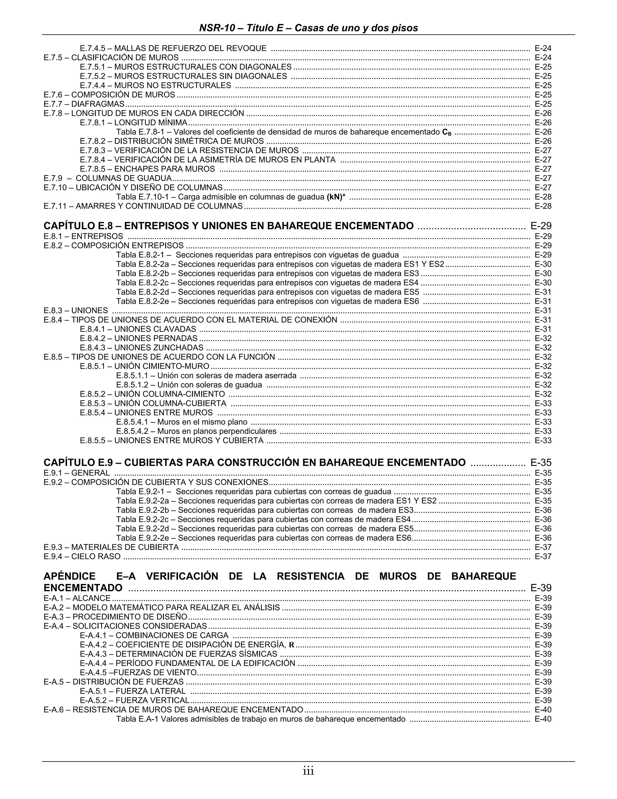 NSR-10 – Título E – Casas de uno y dos pisos
          E.7.4.5 – MALLAS DE REFUERZO DEL REVOQUE ....................................................................................................................                                       E-24
E.7.5 – CLASIFICACIÓN DE MUROS ............................................................................................................................................................                   E-24
          E.7.5.1 – MUROS ESTRUCTURALES CON DIAGONALES ..........................................................................................................                                             E-25
          E.7.5.2 – MUROS ESTRUCTURALES SIN DIAGONALES ...........................................................................................................                                            E-25
          E.7.4.4 – MUROS NO ESTRUCTURALES ....................................................................................................................................                               E-25
E.7.6 – COMPOSICIÓN DE MUROS ..............................................................................................................................................................                   E-25
E.7.7 – DIAFRAGMAS.....................................................................................................................................................................................       E-25
E.7.8 – LONGITUD DE MUROS EN CADA DIRECCIÓN ...............................................................................................................................                                   E-26
          E.7.8.1 – LONGITUD MÍNIMA.........................................................................................................................................................                  E-26
                    Tabla E.7.8-1 – Valores del coeficiente de densidad de muros de bahareque encementado CB ..................................                                                               E-26
          E.7.8.2 – DISTRIBUCIÓN SIMÉTRICA DE MUROS ......................................................................................................................                                    E-26
          E.7.8.3 – VERIFICACIÓN DE LA RESISTENCIA DE MUROS ......................................................................................................                                            E-27
          E.7.8.4 – VERIFICACIÓN DE LA ASIMETRÍA DE MUROS EN PLANTA .....................................................................................                                                     E-27
          E.7.8.5 – ENCHAPES PARA MUROS ...........................................................................................................................................                           E-27
E.7.9 – COLUMNAS DE GUADUA................................................................................................................................................................                    E-27
E.7.10 – UBICACIÓN Y DISEÑO DE COLUMNAS .........................................................................................................................................                             E-27
                    Tabla E.7.10-1 – Carga admisible en columnas de guadua (kN)* .................................................................................                                            E-28
E.7.11 – AMARRES Y CONTINUIDAD DE COLUMNAS ................................................................................................................................                                   E-28

CAPÍTULO E.8 – ENTREPISOS Y UNIONES EN BAHAREQUE ENCEMENTADO ....................................... E-29
E.8.1 – ENTREPISOS ....................................................................................................................................................................................       E-29
E.8.2 – COMPOSICIÓN ENTREPISOS ..........................................................................................................................................................                     E-29
                    Tabla E.8.2-1 – Secciones requeridas para entrepisos con viguetas de guadua .........................................................                                                     E-29
                    Tabla E.8.2-2a – Secciones requeridas para entrepisos con viguetas de madera ES1 Y ES2 ......................................                                                             E-30
                    Tabla E.8.2-2b – Secciones requeridas para entrepisos con viguetas de madera ES3 .................................................                                                        E-30
                    Tabla E.8.2-2c – Secciones requeridas para entrepisos con viguetas de madera ES4 .................................................                                                        E-30
                    Tabla E.8.2-2d – Secciones requeridas para entrepisos con viguetas de madera ES5 ................................................                                                         E-31
                    Tabla E.8.2-2e – Secciones requeridas para entrepisos con viguetas de madera ES6 ................................................                                                         E-31
E.8.3 – UNIONES ...........................................................................................................................................................................................   E-31
E.8.4 – TIPOS DE UNIONES DE ACUERDO CON EL MATERIAL DE CONEXIÓN .....................................................................................                                                         E-31
          E.8.4.1 – UNIONES CLAVADAS ....................................................................................................................................................                     E-31
          E.8.4.2 – UNIONES PERNADAS ....................................................................................................................................................                     E-32
          E.8.4.3 – UNIONES ZUNCHADAS .................................................................................................................................................                       E-32
E.8.5 – TIPOS DE UNIONES DE ACUERDO CON LA FUNCIÓN .................................................................................................................                                          E-32
          E.8.5.1 – UNIÓN CIMIENTO-MURO ...............................................................................................................................................                       E-32
                    E.8.5.1.1 – Unión con soleras de madera aserrada .......................................................................................................                                  E-32
                    E.8.5.1.2 – Unión con soleras de guadua ......................................................................................................................                            E-32
          E.8.5.2 – UNIÓN COLUMNA-CIMIENTO .......................................................................................................................................                            E-32
          E.8.5.3 – UNIÓN COLUMNA-CUBIERTA ......................................................................................................................................                             E-33
          E.8.5.4 – UNIONES ENTRE MUROS ............................................................................................................................................                          E-33
                    E.8.5.4.1 – Muros en el mismo plano .............................................................................................................................                         E-33
                    E.8.5.4.2 – Muros en planos perpendiculares ................................................................................................................                              E-33
          E.8.5.5 – UNIONES ENTRE MUROS Y CUBIERTA ......................................................................................................................                                     E-33

CAPÍTULO E.9 – CUBIERTAS PARA CONSTRUCCIÓN EN BAHAREQUE ENCEMENTADO .................... E-35
E.9.1 – GENERAL ..........................................................................................................................................................................................    E-35
E.9.2 – COMPOSICIÓN DE CUBIERTA Y SUS CONEXIONES.....................................................................................................................                                         E-35
                 Tabla E.9.2-1 – Secciones requeridas para cubiertas con correas de guadua .............................................................                                                      E-35
                 Tabla E.9.2-2a – Secciones requeridas para cubiertas con correas de madera ES1 Y ES2 .........................................                                                               E-35
                 Tabla E.9.2-2b – Secciones requeridas para cubiertas con correas de madera ES3....................................................                                                           E-36
                 Tabla E.9.2-2c – Secciones requeridas para cubiertas con correas de madera ES4.....................................................                                                          E-36
                 Tabla E.9.2-2d – Secciones requeridas para cubiertas con correas de madera ES5....................................................                                                           E-36
                 Tabla E.9.2-2e – Secciones requeridas para cubiertas con correas de madera ES6.....................................................                                                          E-36
E.9.3 – MATERIALES DE CUBIERTA ............................................................................................................................................................                   E-37
E.9.4 – CIELO RASO ......................................................................................................................................................................................     E-37

APÉNDICE  E–A VERIFICACIÓN DE LA RESISTENCIA DE MUROS DE BAHAREQUE
ENCEMENTADO ............................................................................................................................................... E-39
E-A.1 – ALCANCE ...........................................................................................................................................................................................   E-39
E-A.2 – MODELO MATEMÁTICO PARA REALIZAR EL ANÁLISIS ...............................................................................................................                                           E-39
E-A.3 – PROCEDIMIENTO DE DISEÑO.........................................................................................................................................................                      E-39
E-A.4 – SOLICITACIONES CONSIDERADAS ................................................................................................................................................                          E-39
          E-A.4.1 – COMBINACIONES DE CARGA .....................................................................................................................................                              E-39
          E-A.4.2 – COEFICIENTE DE DISIPACIÓN DE ENERGÍA, R .........................................................................................................                                         E-39
          E-A.4.3 – DETERMINACIÓN DE FUERZAS SÍSMICAS ................................................................................................................                                        E-39
          E-A.4.4 – PERÍODO FUNDAMENTAL DE LA EDIFICACIÓN ........................................................................................................                                            E-39
          E-A.4.5 –FUERZAS DE VIENTO.....................................................................................................................................................                     E-39
E-A.5 – DISTRIBUCIÓN DE FUERZAS ..........................................................................................................................................................                    E-39
          E-A.5.1 – FUERZA LATERAL ........................................................................................................................................................                   E-39
          E-A.5.2 – FUERZA VERTICAL........................................................................................................................................................                   E-39
E-A.6 – RESISTENCIA DE MUROS DE BAHAREQUE ENCEMENTADO .....................................................................................................                                                   E-40
                    Tabla E.A-1 Valores admisibles de trabajo en muros de bahareque encementado ......................................................                                                        E-40




                                                                                                            iii
 
