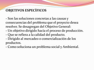 OBJETIVOS ESPECÍFICOS
- Son las soluciones concretas a las causas y
consecuencias del problema que el proyecto desea
resolver. Se desagregan del Objetivo General:
- Un objetivo dirigido hacia el proceso de producción.
- Que se refiera a la calidad del producto.
- Dirigido al mercadeo o comercialización de los
productos.
- Como soluciona un problema social y Ambiental.
 