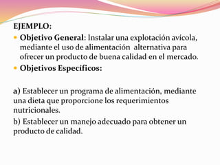 EJEMPLO:
 Objetivo General: Instalar una explotación avícola,
mediante el uso de alimentación alternativa para
ofrecer un producto de buena calidad en el mercado.
 Objetivos Específicos:
a) Establecer un programa de alimentación, mediante
una dieta que proporcione los requerimientos
nutricionales.
b) Establecer un manejo adecuado para obtener un
producto de calidad.
 