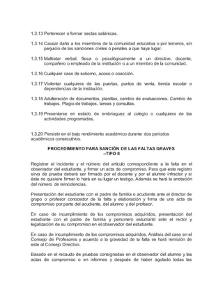 1.3.13 Pertenecer o formar sectas satánicas.
1.3.14 Causar daño a los miembros de la comunidad educativa o por terceros, sin
perjuicio de las sanciones civiles o penales a que haya lugar.
1.3.15 Maltratar verbal, física o psicológicamente a un directivo, docente,
compañero o empleado de la institución o a un miembro de la comunidad.
1.3.16 Cualquier caso de soborno, acoso o coacción.
1.3.17 Violentar cualquiera de las puertas, puntos de venta, tienda escolar o
dependencias de la institución.
1.3.18 Adulteración de documentos, planillas, cambio de evaluaciones. Cambio de
trabajos. Plagio de trabajos, tareas y consultas.
1.3.19 Presentarse en estado de embriaguez al colegio o cualquiera de las
actividades programadas.
1.3.20 Persistir en el bajo rendimiento académico durante dos periodos
académicos consecutivos.
PROCEDIMIENTO PARA SANCIÓN DE LAS FALTAS GRAVES
–TIPO II
Registrar el incidente y el número del artículo correspondiente a la falta en el
observador del estudiante, y firmar un acta de compromiso. Para que este registro
sirva de prueba deberá ser firmado por el docente y por el alumno infractor y si
éste no quisiere firmar lo hará en su lugar un testigo. Además se hará la anotación
del número de reincidencias.
Presentación del estudiante con el padre de familia o acudiente ante el director de
grupo o profesor conocedor de la falta y elaboración y firma de una acta de
compromiso por parte del acudiente, del alumno y del profesor.
En caso de incumplimiento de los compromisos adquiridos, presentación del
estudiante con el padre de familia y personero estudiantil ante el rector y
legalización de su compromiso en el observador del estudiante.
En caso de incumplimiento de los compromisos adquiridos, Análisis del caso en el
Consejo de Profesores y acuerdo a la gravedad de la falta se hará remisión de
este al Consejo Directivo.
Basado en el recaudo de pruebas consignadas en el observador del alumno y las
actas de compromiso o en informes y después de haber agotado todas las
 