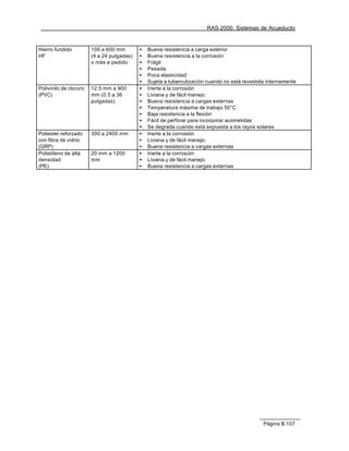 RAS-2000. Sistemas de Acueducto


Hierro fundido          100 a 600 mm        •   Buena resistencia a carga exterior
HF                      (4 a 24 pulgadas)   •   Buena resistencia a la corrosión
                        o más a pedido      •   Frágil
                                            •   Pesada
                                            •   Poca elasticidad
                                            •   Sujeta a tuberculización cuando no está revestida internamente
Polivinilo de cloruro   12.5 mm a 900       •   Inerte a la corrosión
(PVC)                   mm (0.5 a 36        •   Liviana y de fácil manejo.
                        pulgadas)           •   Buena resistencia a cargas externas
                                            •   Temperatura máxima de trabajo 50°C
                                            •   Baja resistencia a la flexión
                                            •   Fácil de perforar para incorporar acometidas
                                            •   Se degrada cuando esta expuesta a los rayos solares
Poliester reforzado     300 a 2400 mm       •   Inerte a la corrosión
con fibra de vidrio                         •   Liviana y de fácil manejo.
(GRP)                                       •   Buena resistencia a cargas externas
Polietileno de alta     20 mm a 1200        •   Inerte a la corrosión
densidad                mm                  •   Liviana y de fácil manejo.
(PE)                                        •   Buena resistencia a cargas externas




                                                                                                Página B.107
 