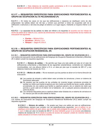 K.3.16.1.1 — Esta distancia de recorrido puede aumentarse a 45 m en estructuras dotadas con
        equipos automáticos de detección y extinción de incendios.



K.3.17 — REQUISITOS ESPECÍFICOS PARA EDIFICACIONES PERTENECIENTES AL
GRUPO DE OCUPACION ALTA PELIGROSIDAD (P)

K.3.17.1 — En todos los casos en los que Ias edificaciones o espacios se clasifiquen como de alta
peligrosidad, las salidas deben ser del tipo y número que permitan a todos los ocupantes salir de la
edificación o estructura o del área de peligro al exterior a un lugar seguro, mediante un trayecto inferior a 22
m.

K.3.17.2 — La capacidad de las salidas no debe ser inferior a la requerida de acuerdo con los índices de
ancho de salida de la Tabla K.3.3-2, siendo las dimensiones mínimas para los componentes de los medios de
evacuación las siguientes:

                • Puertas — Mínimo 0.8 m.
                • Escaleras— Mínimo 1.2 m.
                • Rampas — Según K.3.8.6.4.


K.3.18 — REQUISITOS ESPECÍFICOS PARA EDIFICACIONES PERTENECIENTES AL
GRUPO DE OCUPACION RESIDENCIAL (R)

K.3.18.1 — REQUISITOS ESPECÍFICOS PARA EDIFICACIONES DEL GRUPO DE OCUPACION (R-1) —
Los medios de evacuación de las edificaciones del Subgrupo de Ocupación Residencial Unifamiliar y Bifamiliar
(R-1) deben cumplir los requisitos siguientes:

        K.3.18.1.1 — Número de salidas — Se permite que haya una sola salida por piso en el caso de
        edificaciones unifamiliares y bifamiliares de las siguientes características: construida con materiales
                                                                                                       2
        incombustibles, con una altuura inferior a 9 m, un área por piso que no exceda de 200 m y una
        distancia máxima de travesía de 15 m.

        K.3.18.1.2 — Medios de salida — No es necesario que las puertas se abran en la misma dirección de
        evacuación.

            (a) Las puertas de entrada y salida deben estar provistas de cerraduras y tener un sistema de
                iluminación adecuado.
            (b) Se requiere que las puertas de las unidades de vivienda tengan cerraduras provistas de
                perillas con botón que impida la apertura por otro medio que facilite las llaves; puede, además,
                proveérseles de una cadena que facilite su apertura parcial y de un sistema de visión que
                permita a quien esté en el interior de la habitación, ver a cualquier persona colocada en la
                parte de afuera.
            (c) Las ventanas dispuestas para su apertura deben estar dotadas de un sistema de cerradura en
                los marcos que sólo se abra desde el interior.

K.3.18.2 — REQUISITOS ESPECÍFICOS PARA EDIFICACIONES DEL GRUPO DE OCUPACION (R-2) —
Los medios de evacuación del Subgrupo de Ocupación Residencial Multifamiliar (R-2) deben cumplir los
requisitos siguientes:

         K.3.18.2.1 — Número de salidas — Se acepta que haya una salida por piso en edificaciones
         multifamiliares, siempre que cumplan con las especificaciones siguientes: que el edificio no se
         clasifique como edificio de gran altura, que la salida este protegida de acuerdo con la Tabla J.3.4-
         3, que el área por piso no exceda de 400 m² de área habitable y que no se exceda una distancia
         máxima de travesía de 15 m desde la puerta de acceso de cualquier unidad de vivienda hasta la
         salida ubicada en el mismo nivel de la vivienda.




                                                    K - 31
 