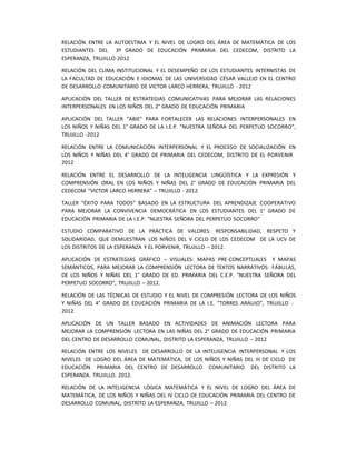 RELACIÓN ENTRE LA AUTOESTIMA Y EL NIVEL DE LOGRO DEL ÁREA DE MATEMÁTICA DE LOS
ESTUDIANTES DEL 3º GRADO DE EDUCACIÓN PRIMARIA DEL CEDECOM, DISTRITO LA
ESPERANZA, TRUJILLO-2012
RELACIÓN DEL CLIMA INSTITUCIONAL Y EL DESEMPEÑO DE LOS ESTUDIANTES INTERNISTAS DE
LA FACULTAD DE EDUCACIÓN E IDIOMAS DE LAS UNIVERSIDAD CÉSAR VALLEJO EN EL CENTRO
DE DESARROLLO COMUNITARIO DE VICTOR LARCO HERRERA, TRUJILLO - 2012
APLICACIÓN DEL TALLER DE ESTRATEGIAS COMUNICATIVAS PARA MEJORAR LAS RELACIONES
INTERPERSONALES EN LOS NIÑOS DEL 2° GRADO DE EDUCACIÓN PRIMARIA
APLICACIÓN DEL TALLER “ABIE” PARA FORTALECER LAS RELACIONES INTERPERSONALES EN
LOS NIÑOS Y NIÑAS DEL 1° GRADO DE LA I.E.P. “NUESTRA SEÑORA DEL PERPETUO SOCORRO”,
TRUJILLO -2012
RELACIÓN ENTRE LA COMUNICACIÓN INTERPERSONAL Y EL PROCESO DE SOCIALIZACIÓN EN
LOS NIÑOS Y NIÑAS DEL 4° GRADO DE PRIMARIA DEL CEDECOM, DISTRITO DE EL PORVENIR
2012
RELACIÓN ENTRE EL DESARROLLO DE LA INTELIGENCIA LINGÜÍSTICA Y LA EXPRESIÓN Y
COMPRENSIÓN ORAL EN LOS NIÑOS Y NIÑAS DEL 2° GRADO DE EDUCACIÓN PRIMARIA DEL
CEDECOM “VICTOR LARCO HERRERA” – TRUJILLO - 2012
TALLER “ÉXITO PARA TODOS” BASADO EN LA ESTRUCTURA DEL APRENDIZAJE COOPERATIVO
PARA MEJORAR LA CONVIVENCIA DEMOCRÁTICA EN LOS ESTUDIANTES DEL 1° GRADO DE
EDUCACIÓN PRIMARIA DE LA I.E.P. “NUESTRA SEÑORA DEL PERPETUO SOCORRO”
ESTUDIO COMPARATIVO DE LA PRÁCTICA DE VALORES: RESPONSABILIDAD, RESPETO Y
SOLIDARIDAD, QUE DEMUESTRAN LOS NIÑOS DEL V CICLO DE LOS CEDECOM DE LA UCV DE
LOS DISTRITOS DE LA ESPERANZA Y EL PORVENIR, TRUJILLO – 2012.
APLICACIÓN DE ESTRATEGIAS GRÁFICO – VISUALES: MAPAS PRE-CONCEPTUALES Y MAPAS
SEMÁNTICOS, PARA MEJORAR LA COMPRENSIÓN LECTORA DE TEXTOS NARRATIVOS: FÁBULAS,
DE LOS NIÑOS Y NIÑAS DEL 1° GRADO DE ED. PRIMARIA DEL C.E.P. “NUESTRA SEÑORA DEL
PERPETUO SOCORRO”, TRUJILLO – 2012.
RELACIÓN DE LAS TÉCNICAS DE ESTUDIO Y EL NIVEL DE COMPRESIÓN LECTORA DE LOS NIÑOS
Y NIÑAS DEL 4° GRADO DE EDUCACIÓN PRIMARIA DE LA I.E. “TORRES ARAUJO”, TRUJILLO -
2012
APLICACIÓN DE UN TALLER BASADO EN ACTIVIDADES DE ANIMACIÓN LECTORA PARA
MEJORAR LA COMPRENSIÓN LECTORA EN LAS NIÑAS DEL 2° GRADO DE EDUCACIÓN PRIMARIA
DEL CENTRO DE DESARROLLO COMUNAL, DISTRITO LA ESPERANZA, TRUJILLO – 2012
RELACIÓN ENTRE LOS NIVELES DE DESARROLLO DE LA INTELIGENCIA INTERPERSONAL Y LOS
NIVELES DE LOGRO DEL ÁREA DE MATEMÁTICA, DE LOS NIÑOS Y NIÑAS DEL III DE CICLO DE
EDUCACIÓN PRIMARIA DEL CENTRO DE DESARROLLO COMUNITARIO DEL DISTRITO LA
ESPERANZA. TRUJILLO. 2012.
RELACIÓN DE LA INTELIGENCIA LÓGICA MATEMÁTICA Y EL NIVEL DE LOGRO DEL ÁREA DE
MATEMÁTICA, DE LOS NIÑOS Y NIÑAS DEL IV CICLO DE EDUCACIÓN PRIMARIA DEL CENTRO DE
DESARROLLO COMUNAL, DISTRITO LA ESPERANZA, TRUJILLO – 2012
 
