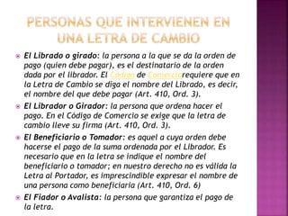  El Librado o girado: la persona a la que se da la orden de
pago (quien debe pagar), es el destinatario de la orden
dada por el librador. El Código de Comerciorequiere que en
la Letra de Cambio se diga el nombre del Librado, es decir,
el nombre del que debe pagar (Art. 410, Ord. 3).
 El Librador o Girador: la persona que ordena hacer el
pago. En el Código de Comercio se exige que la letra de
cambio lleve su firma (Art. 410, Ord. 3).
 El Beneficiario o Tomador: es aquel a cuya orden debe
hacerse el pago de la suma ordenada por el Librador. Es
necesario que en la letra se indique el nombre del
beneficiario o tomador; en nuestro derecho no es válida la
Letra al Portador, es imprescindible expresar el nombre de
una persona como beneficiaria (Art. 410, Ord. 6)
 El Fiador o Avalista: la persona que garantiza el pago de
la letra.
 